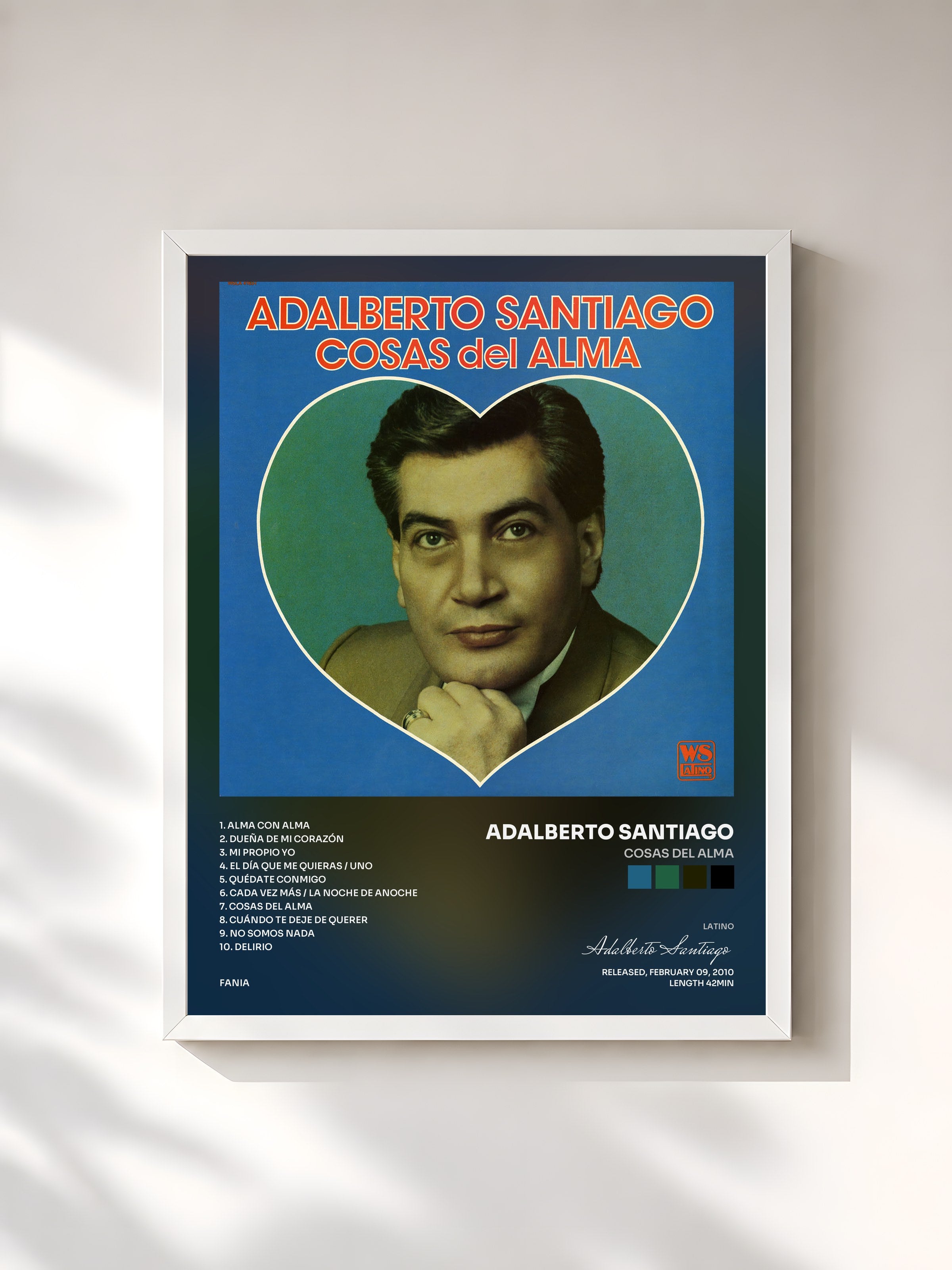 #blanc Tableau de l'album Cosas del Alma de Adalberto Santiago, cadre blanc, imprimé et encadré en France