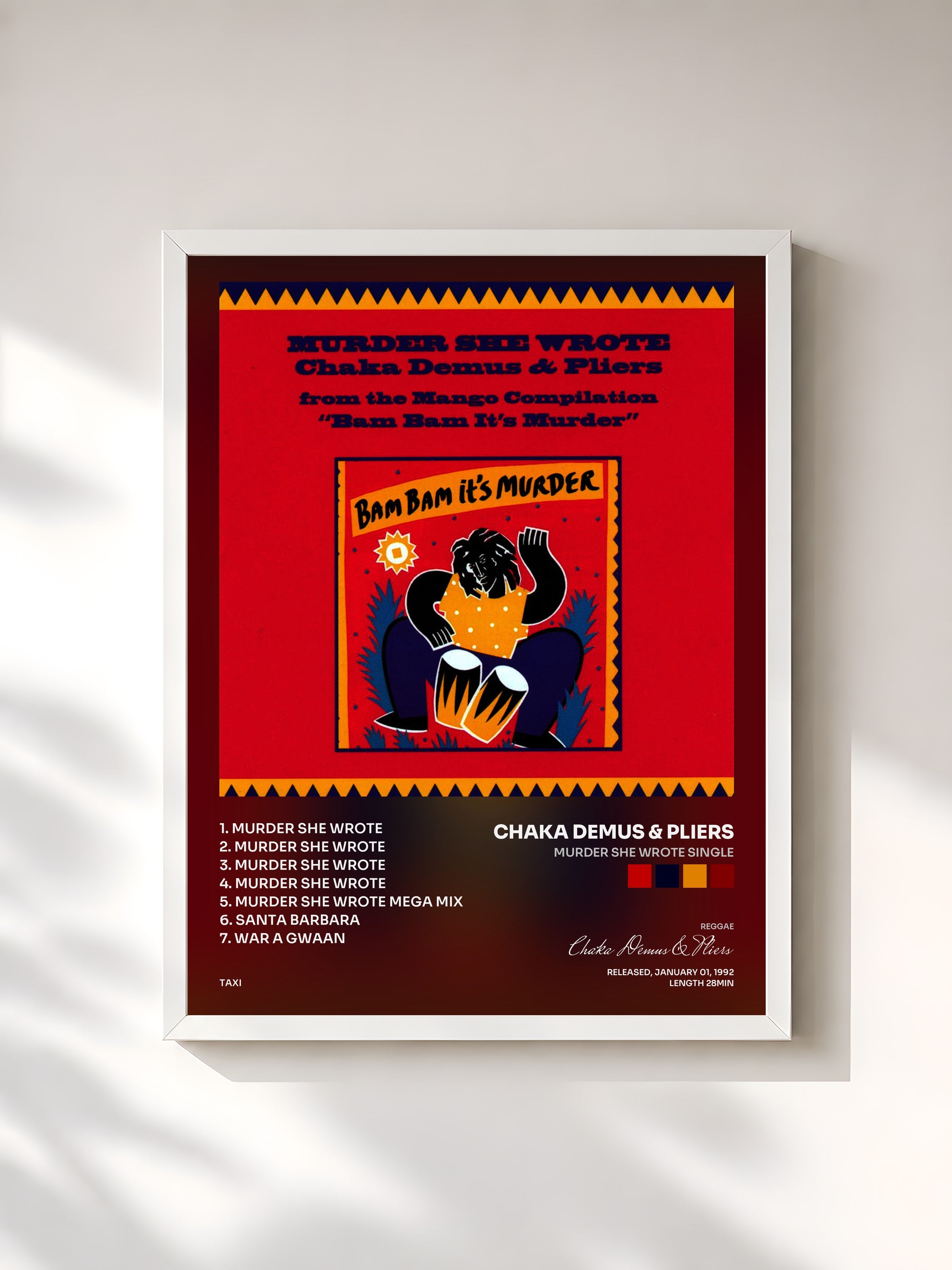 #blanc Tableau de l'album Murder She Wrote Single de Chaka Demus & Pliers, cadre blanc, imprimé et encadré en France