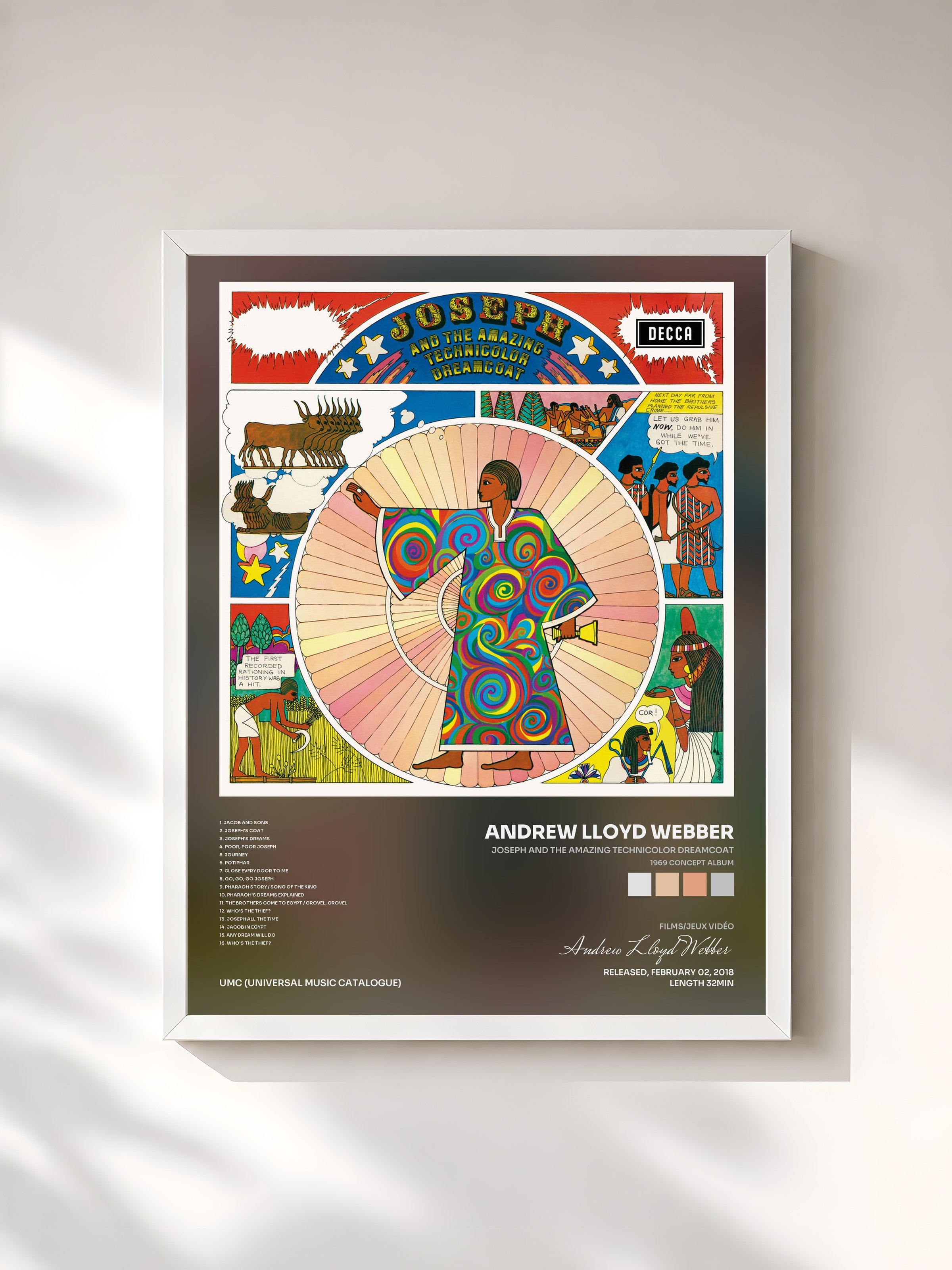 #blanc Tableau de l'album Joseph And The Amazing Technicolor Dreamcoat (1969 Concept Album) de Andrew Lloyd Webber, cadre blanc, imprimé et encadré en France