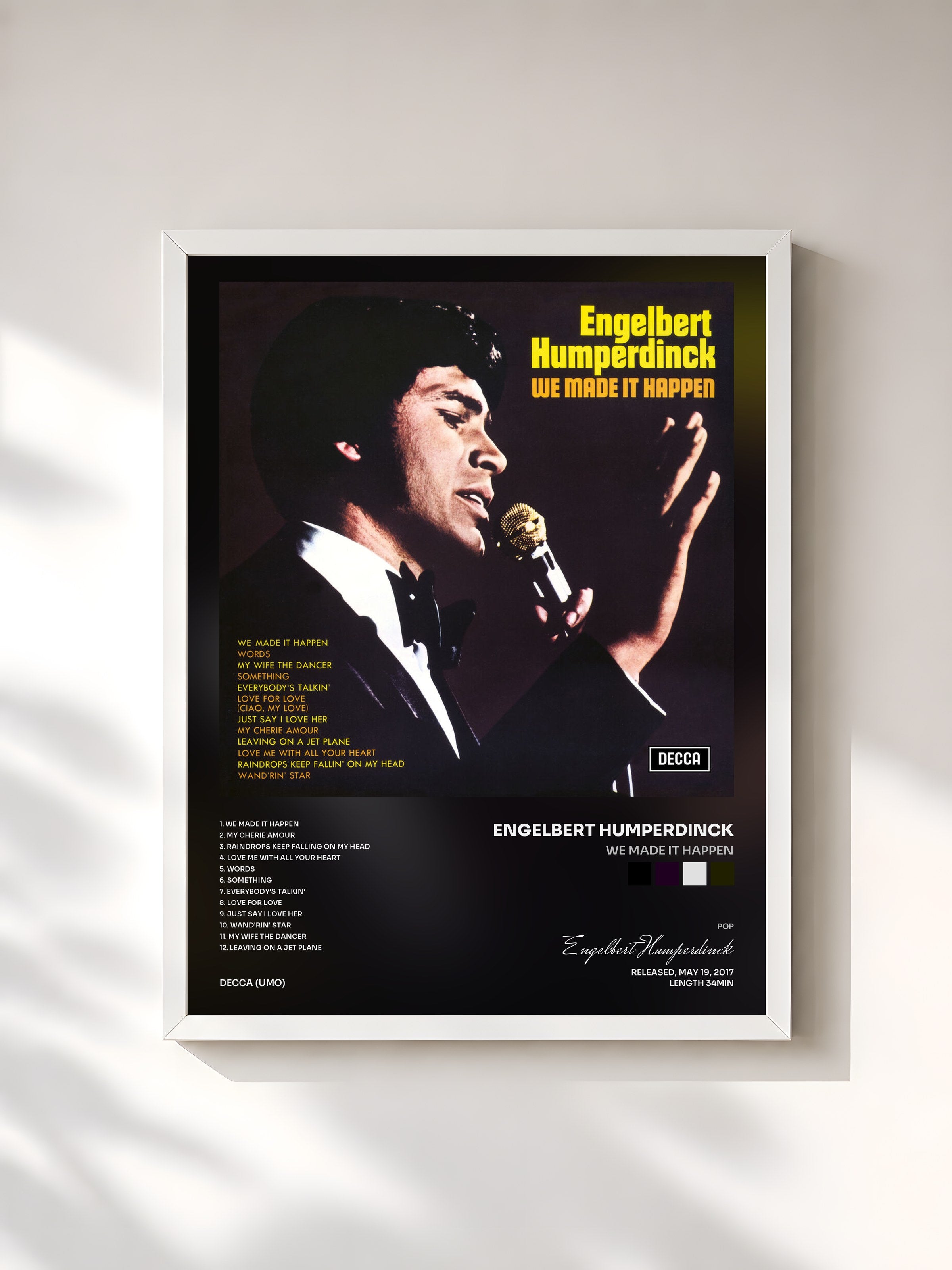 #blanc Tableau de l'album We Made It Happen de Engelbert Humperdinck, cadre blanc, imprimé et encadré en France