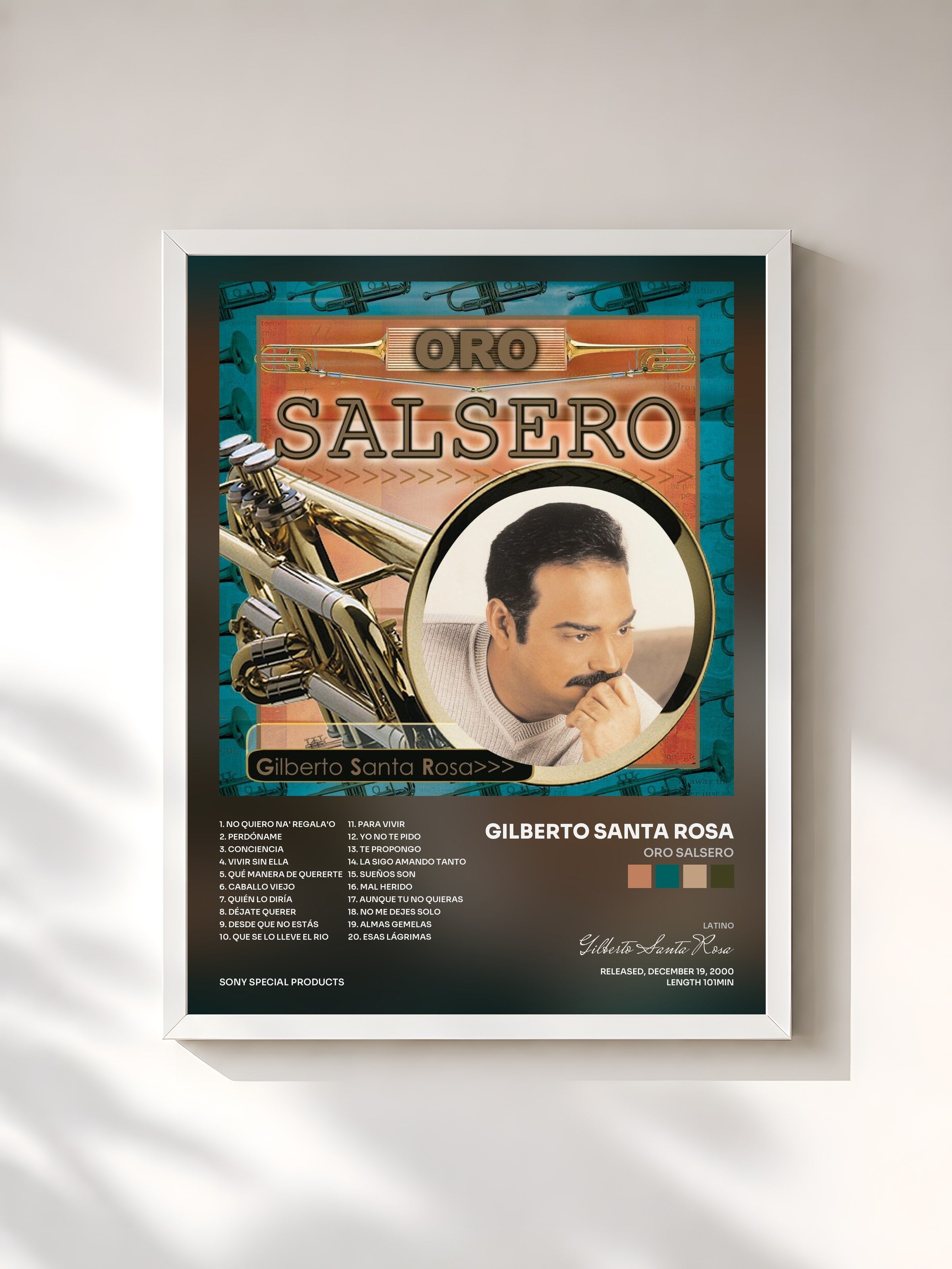 #blanc Tableau de l'album Oro Salsero de Gilberto Santa Rosa, cadre blanc, imprimé et encadré en France