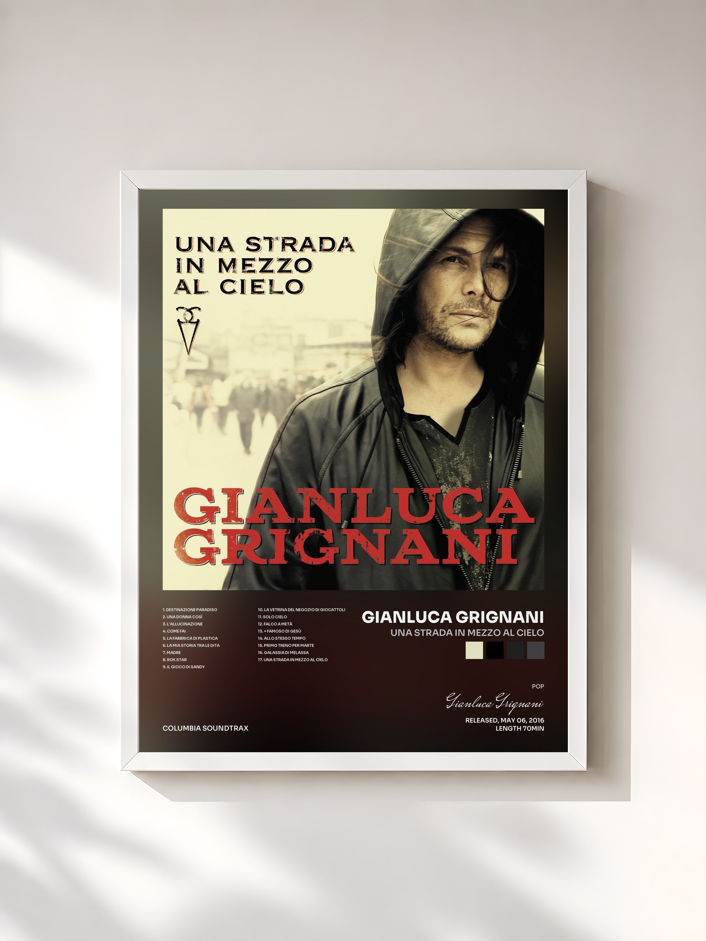 #blanc Tableau de l'album Una strada in mezzo al cielo de Gianluca Grignani, cadre blanc, imprimé et encadré en France