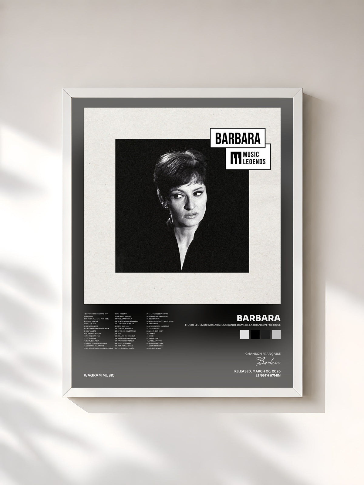 #blanc Tableau de l'album Music Legends Barbara : La Grande Dame de la Chanson Poétique de Barbara, cadre blanc, imprimé et encadré en France