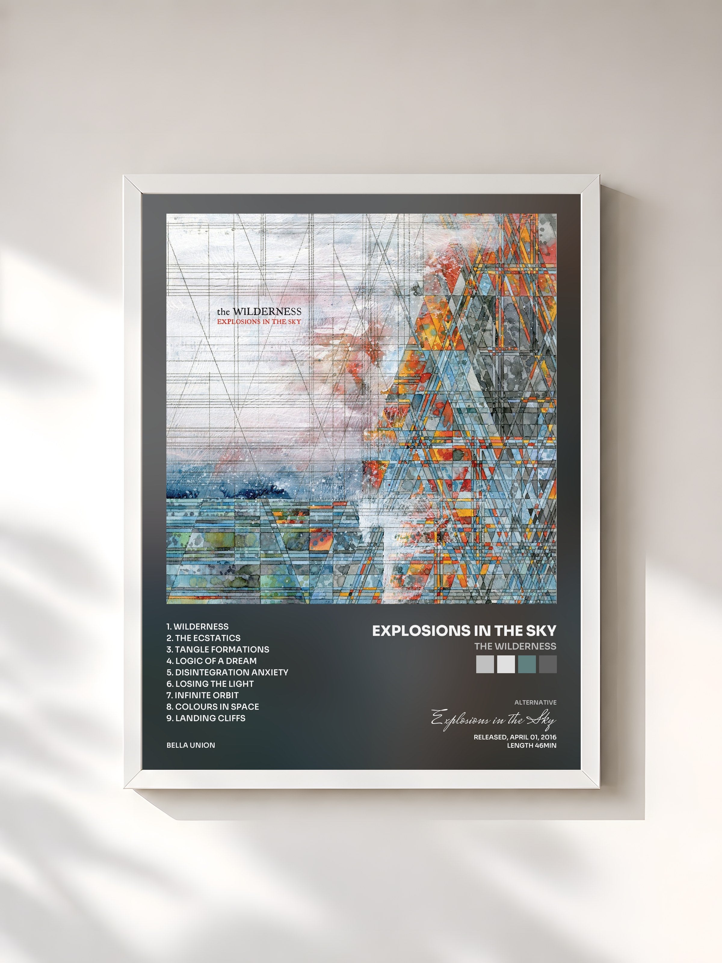 #blanc Tableau de l'album The Wilderness de Explosions in the Sky, cadre blanc, imprimé et encadré en France