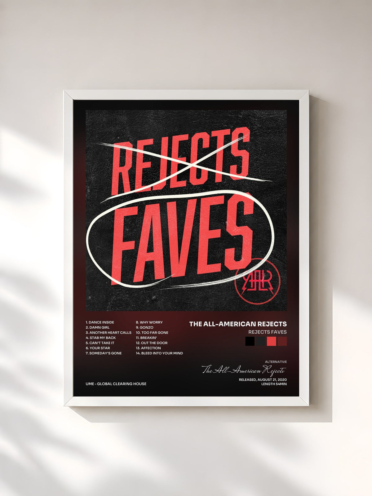 #blanc Tableau de l'album Rejects Faves de The All-American Rejects, cadre blanc, imprimé et encadré en France