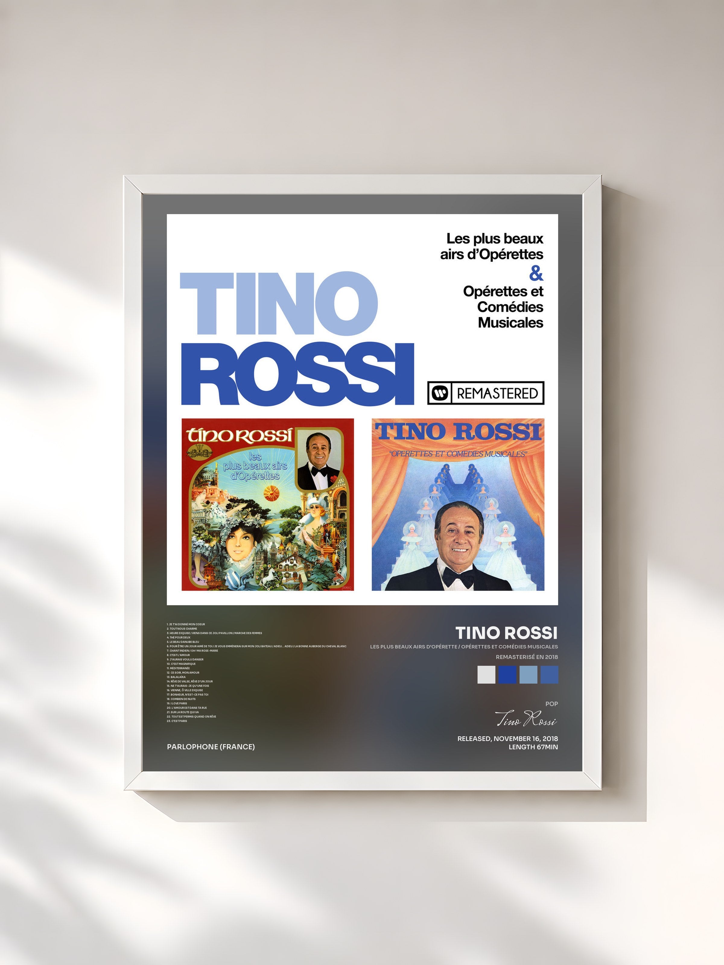 #blanc Tableau de l'album Les plus beaux airs d'opérette / Opérettes et comédies musicales (Remasterisé en 2018) de Tino Rossi, cadre blanc, imprimé et encadré en France