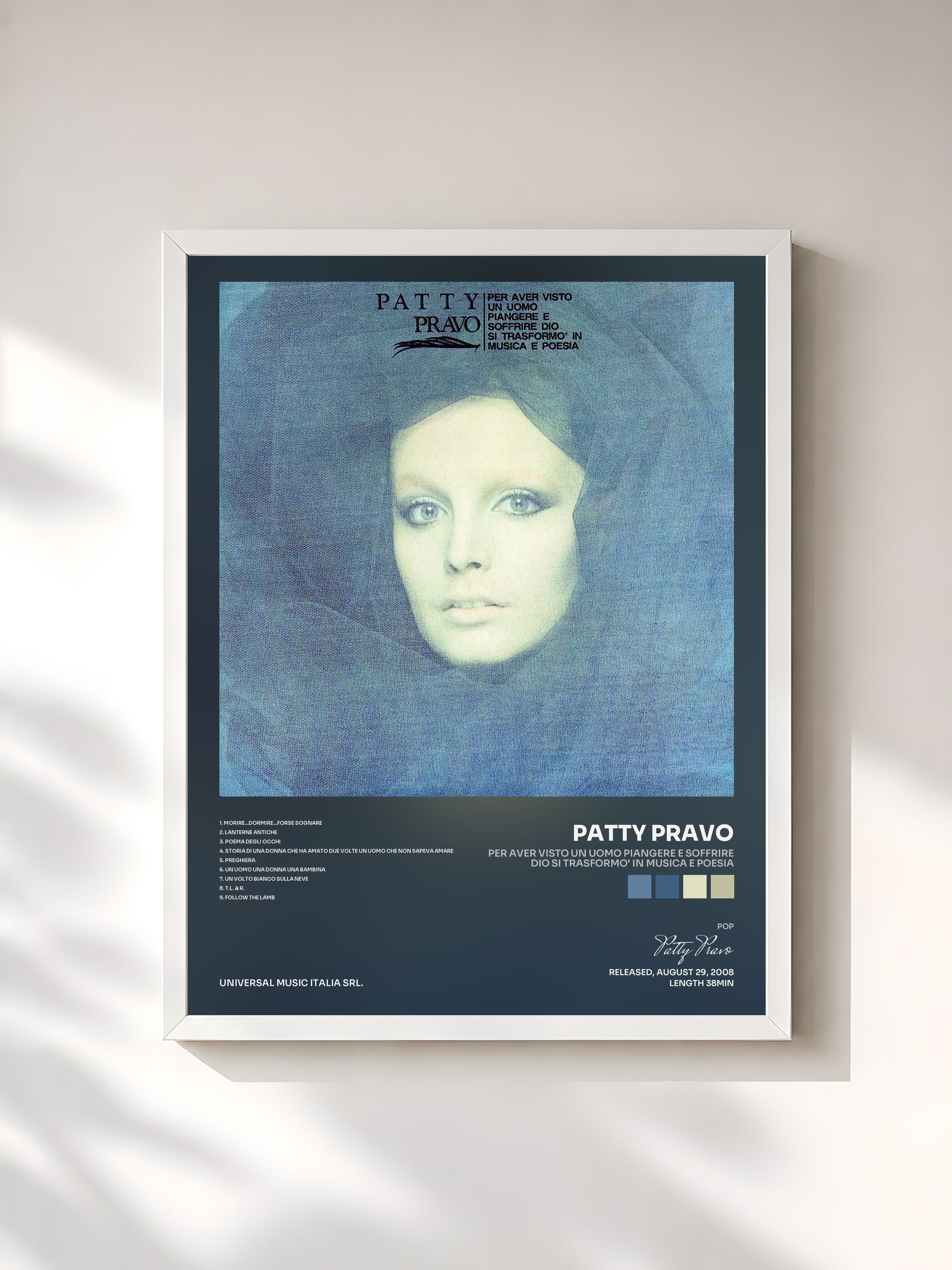 #blanc Tableau de l'album Per Aver Visto Un Uomo Piangere E Soffrire Dio Si Trasformo' In Musica E Poesia de Patty Pravo, cadre blanc, imprimé et encadré en France