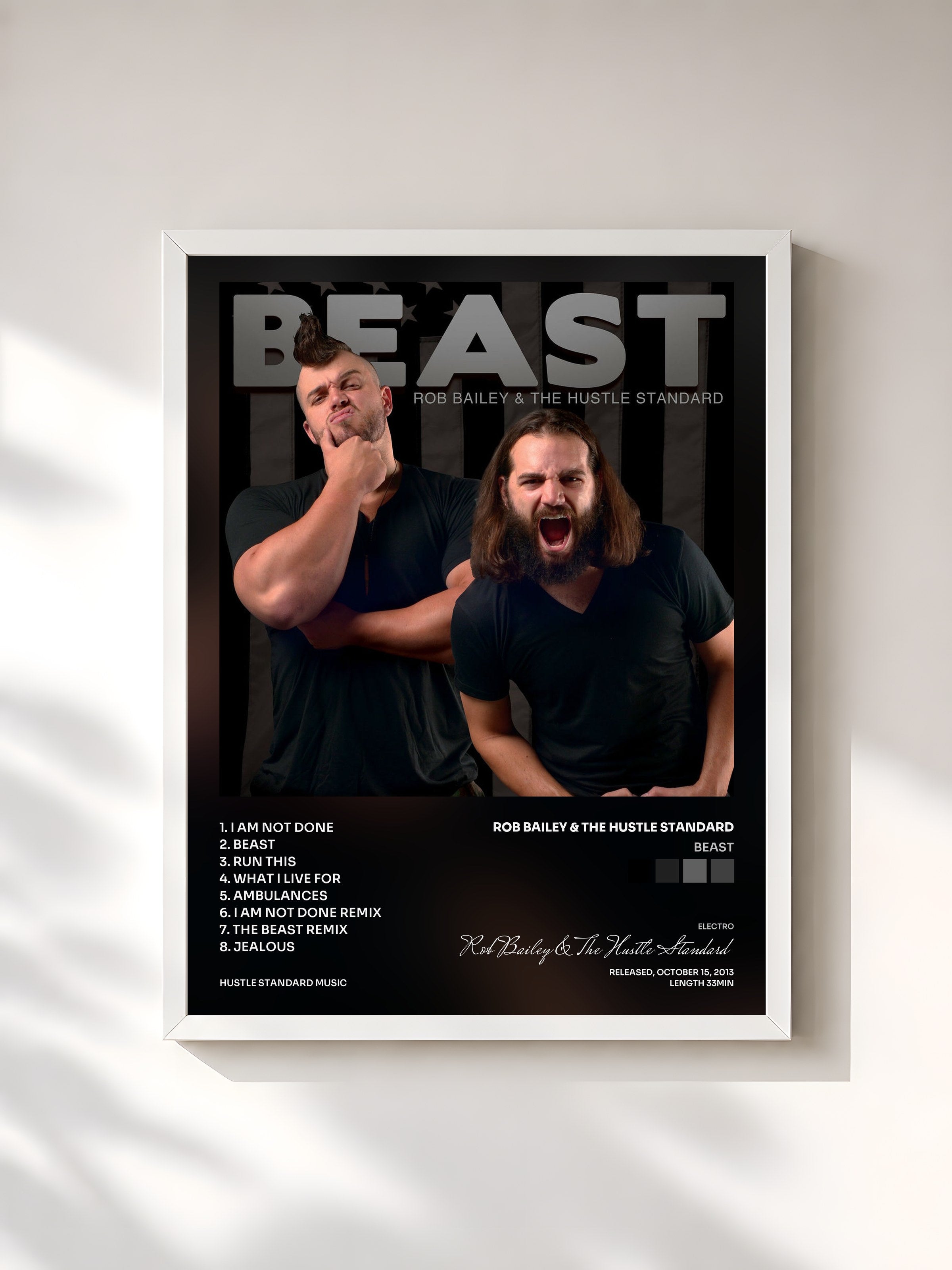 #blanc Tableau de l'album Beast de Rob Bailey & The Hustle Standard, cadre blanc, imprimé et encadré en France
