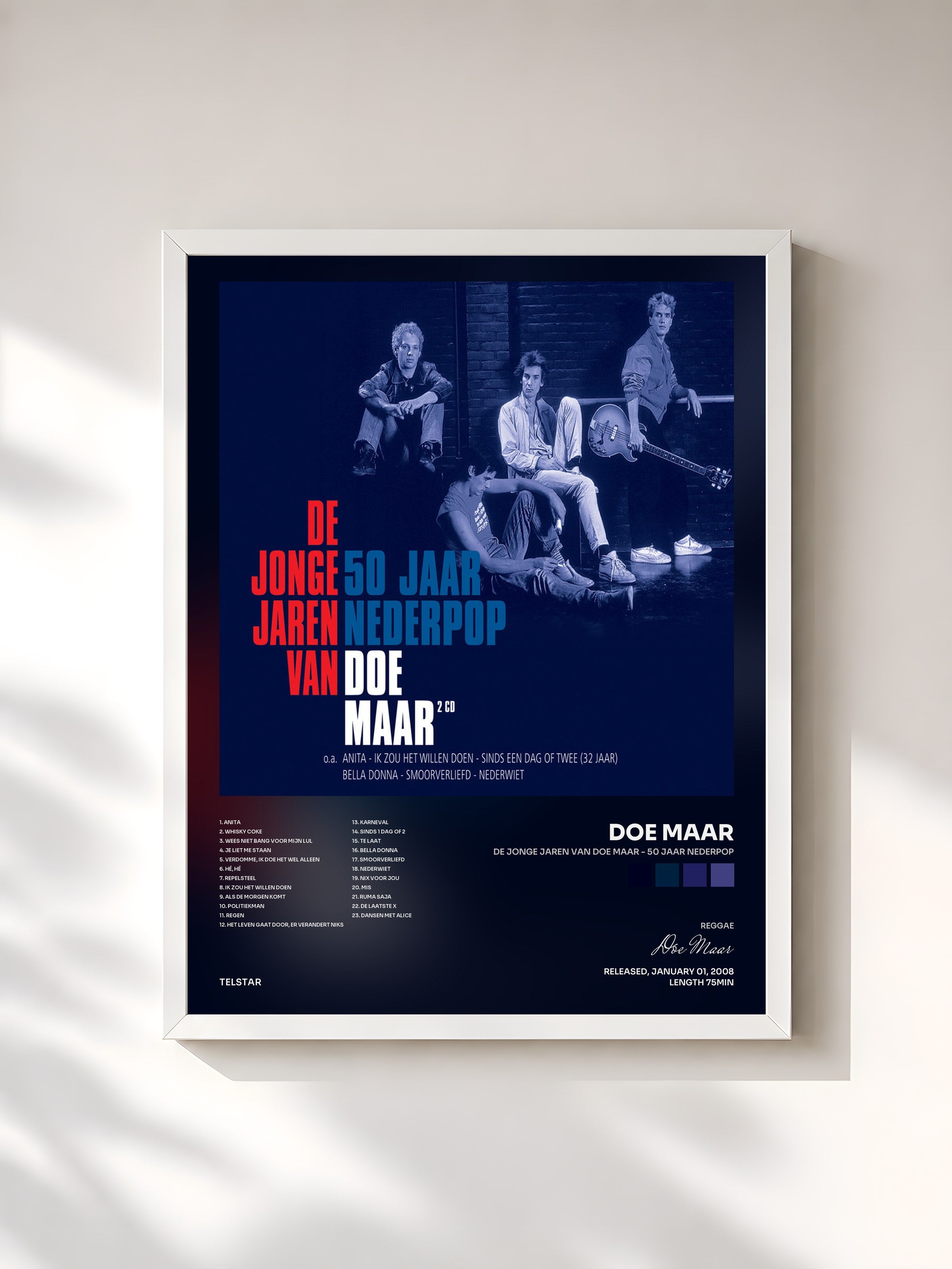 #blanc Tableau de l'album De Jonge Jaren van Doe Maar - 50 jaar Nederpop de Doe Maar, cadre blanc, imprimé et encadré en France
