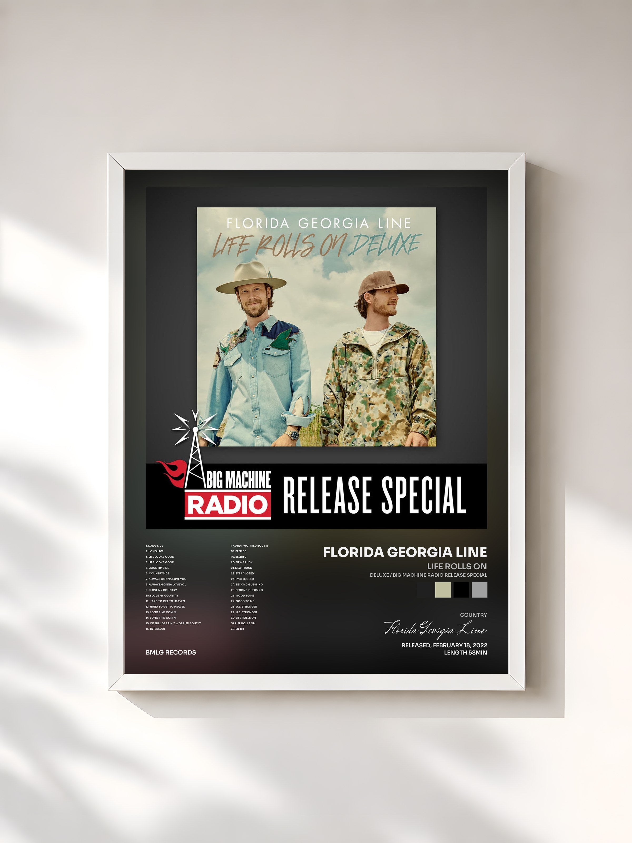 #blanc Tableau de l'album Life Rolls On (Deluxe / Big Machine Radio Release Special) de Florida Georgia Line, cadre blanc, imprimé et encadré en France