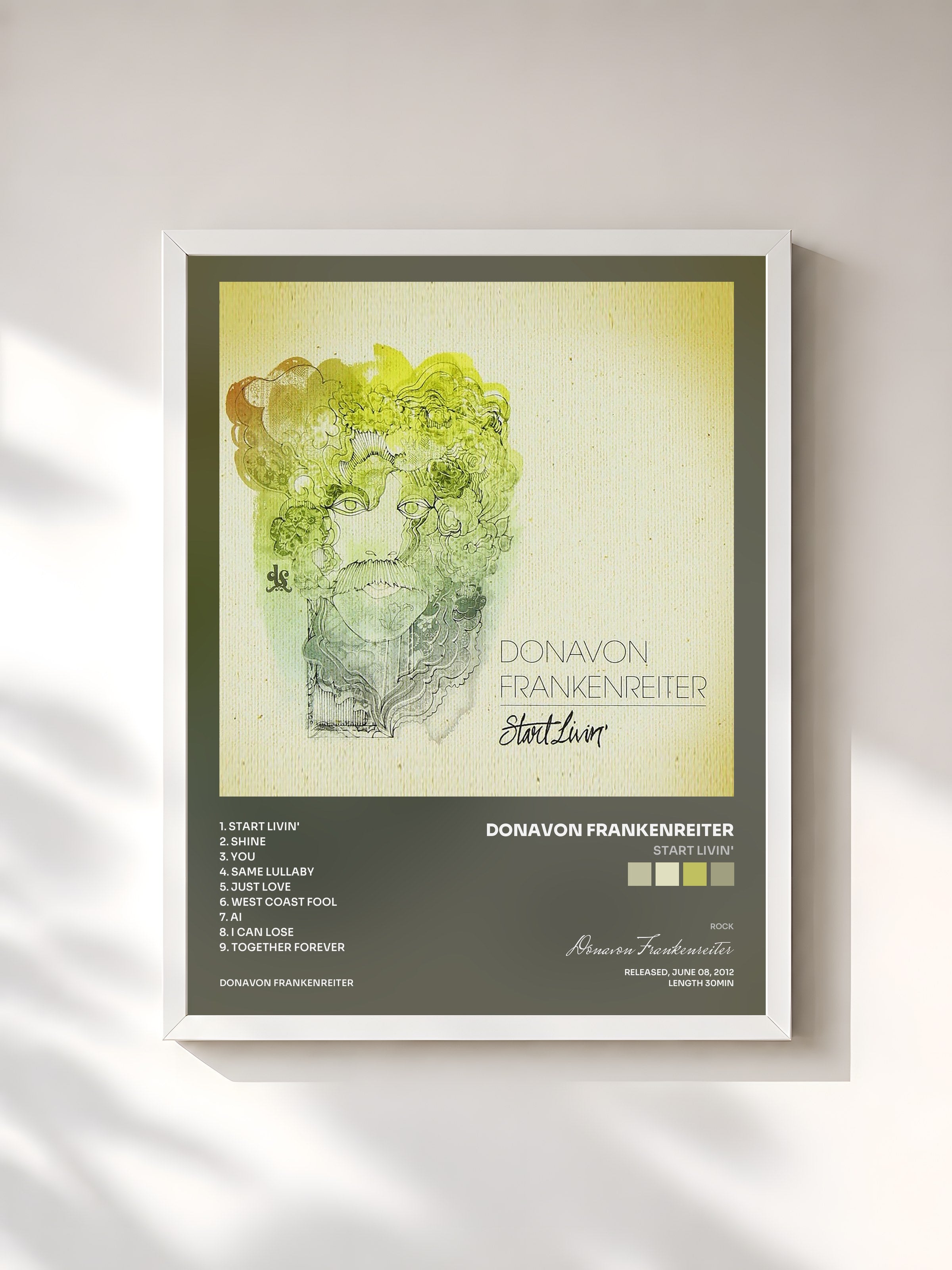 #blanc Tableau de l'album Start Livin' de Donavon Frankenreiter, cadre blanc, imprimé et encadré en France
