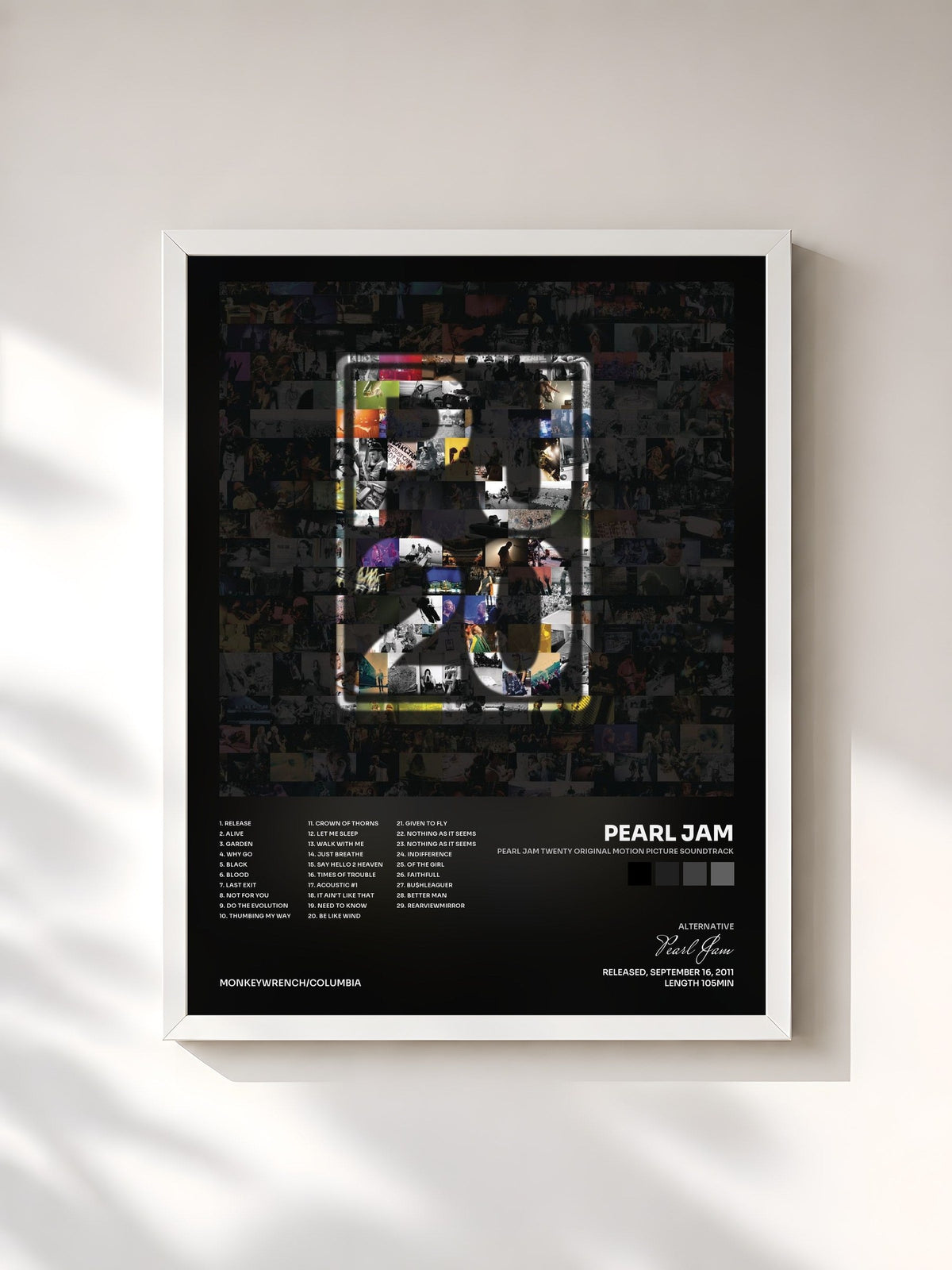 #blanc Tableau de l'album Pearl Jam Twenty Original Motion Picture Soundtrack de Pearl Jam, cadre blanc, imprimé et encadré en France