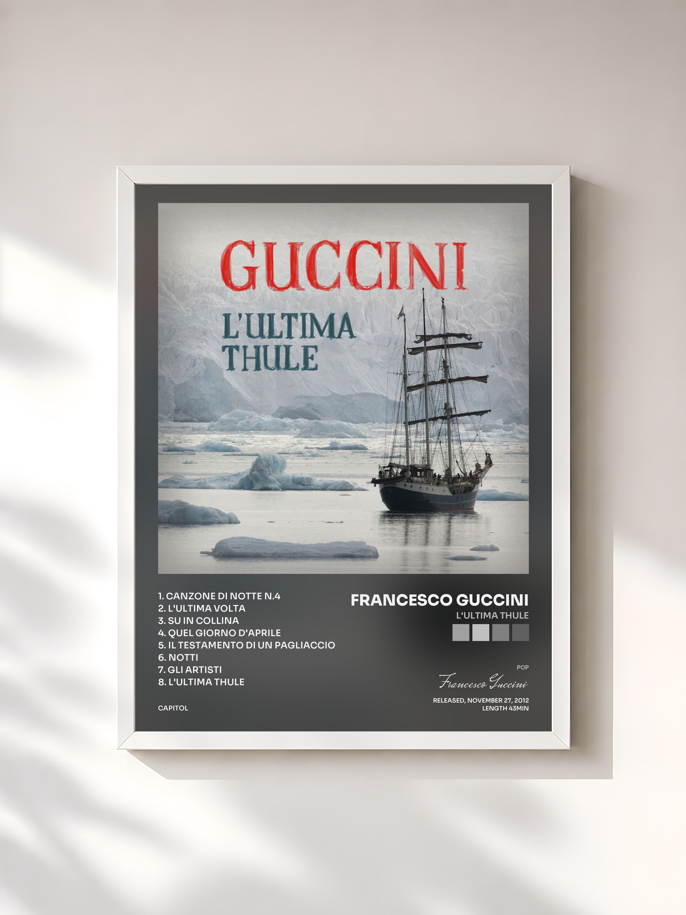 #blanc Tableau de l'album L'Ultima Thule de Francesco Guccini, cadre blanc, imprimé et encadré en France