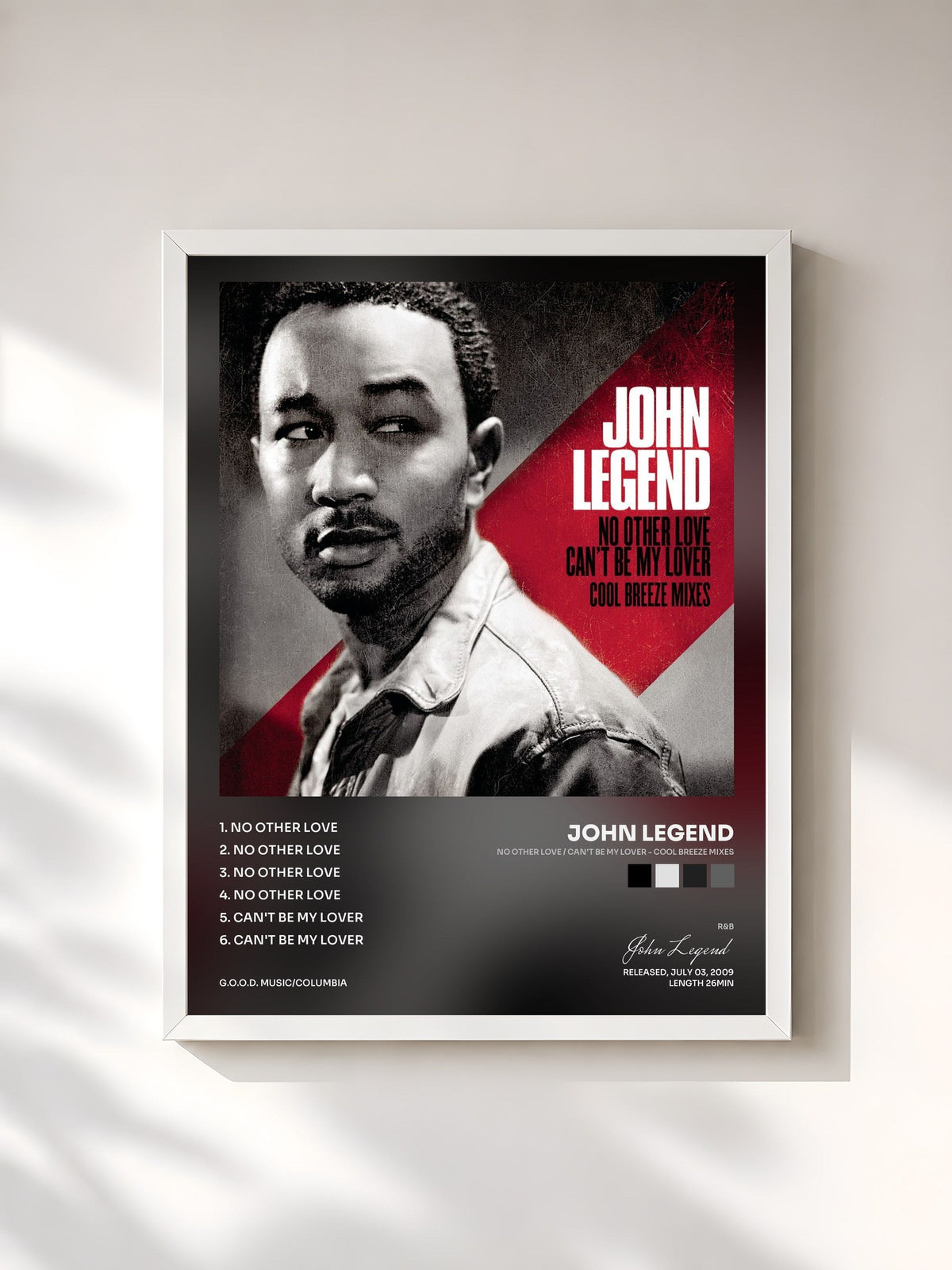 #blanc Tableau de l'album No Other Love / Can't Be My Lover - Cool Breeze Mixes de John Legend, cadre blanc, imprimé et encadré en France