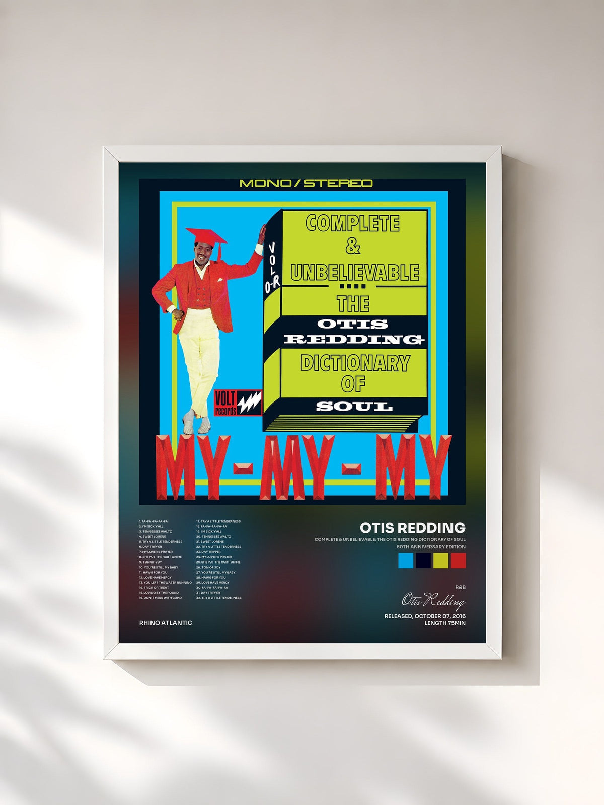 #blanc Tableau de l'album Complete & Unbelievable: The Otis Redding Dictionary of Soul (50th Anniversary Edition) de Otis Redding, cadre blanc, imprimé et encadré en France