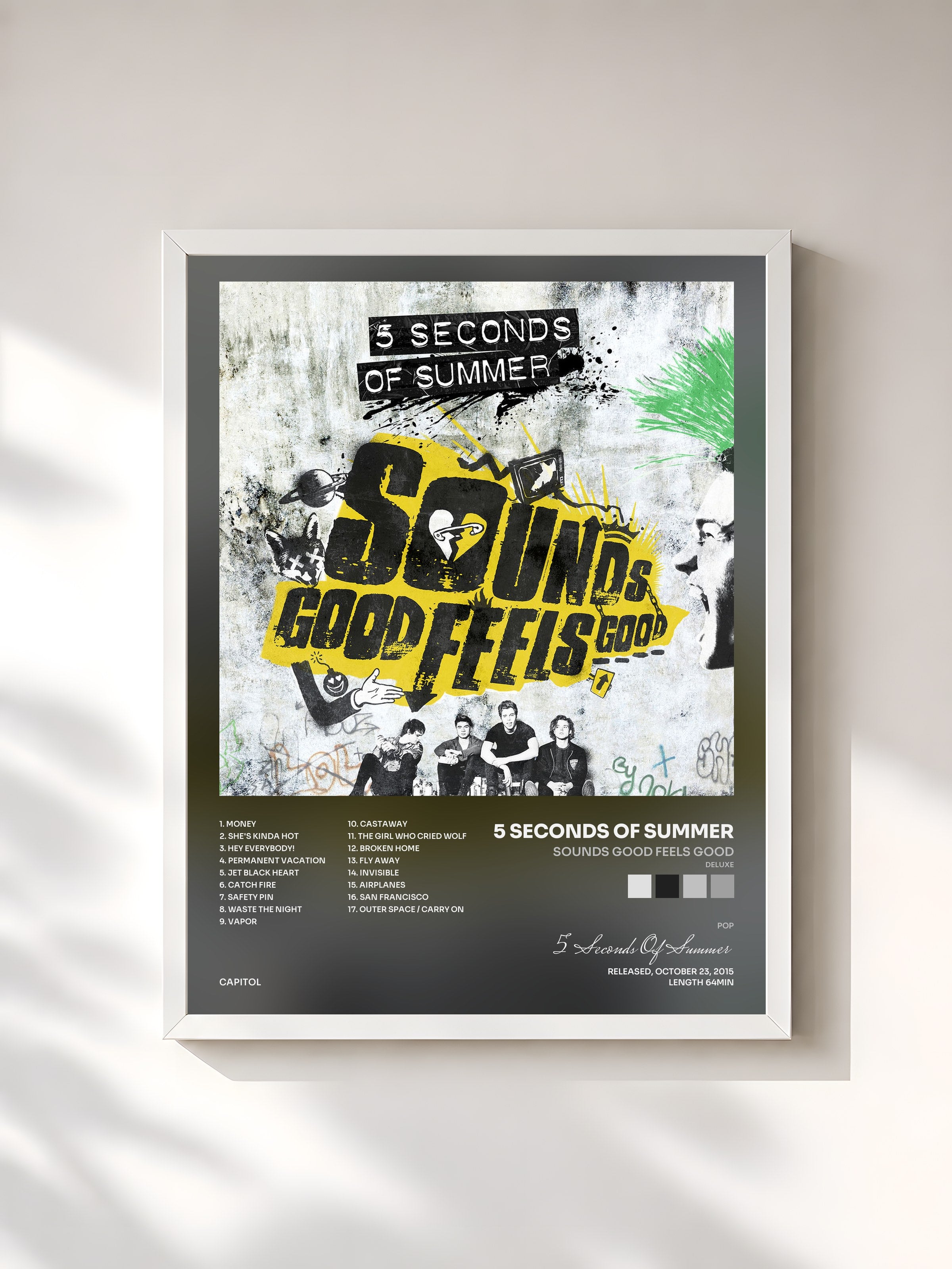 #blanc Sounds Good Feels Good (Deluxe) de 5 Seconds Of Summer en lámina enmarcada, marco blanco, impresa y enmarcada en Francia