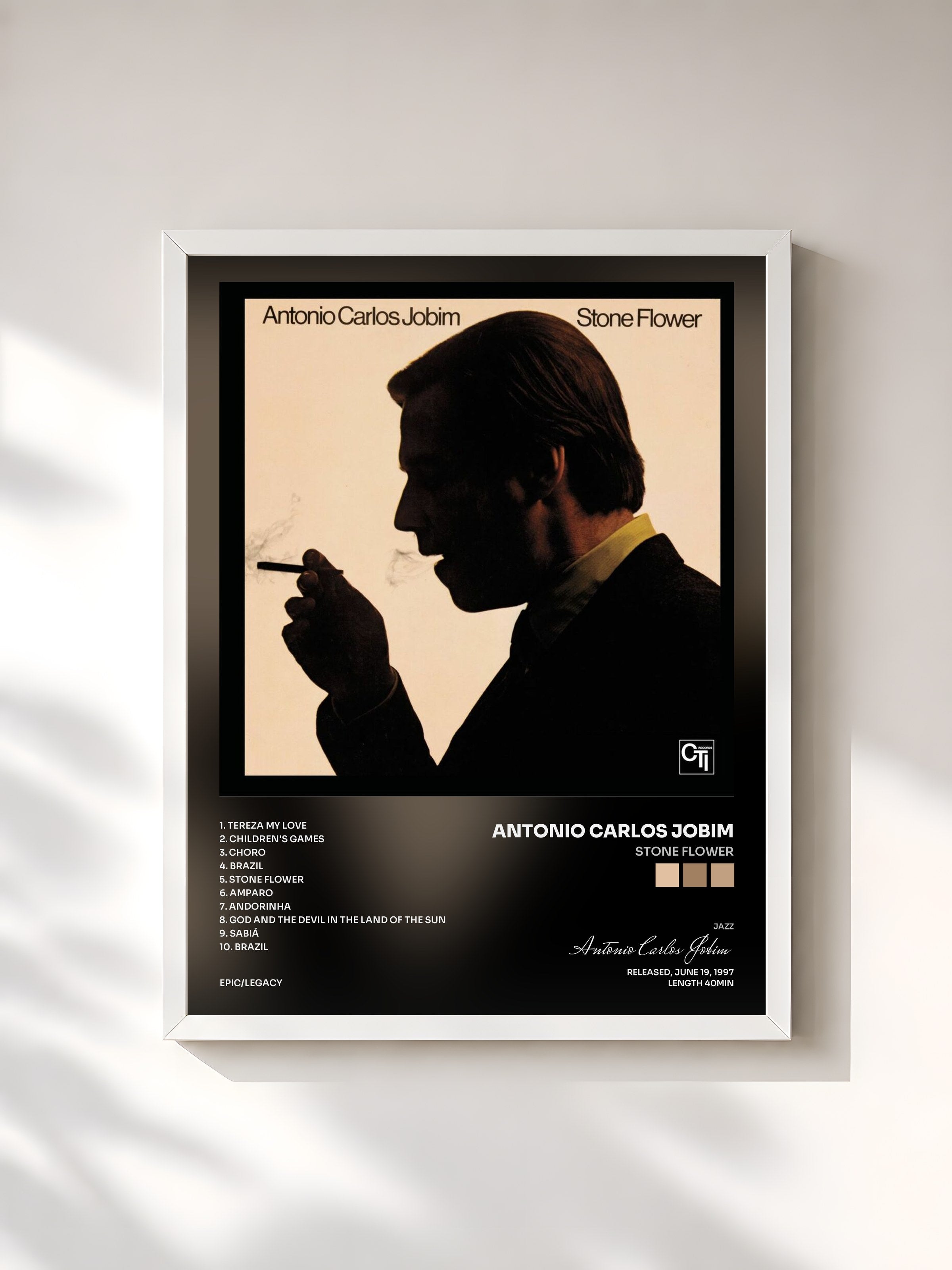 #blanc Tableau de l'album Stone Flower de Antonio Carlos Jobim, cadre blanc, imprimé et encadré en France