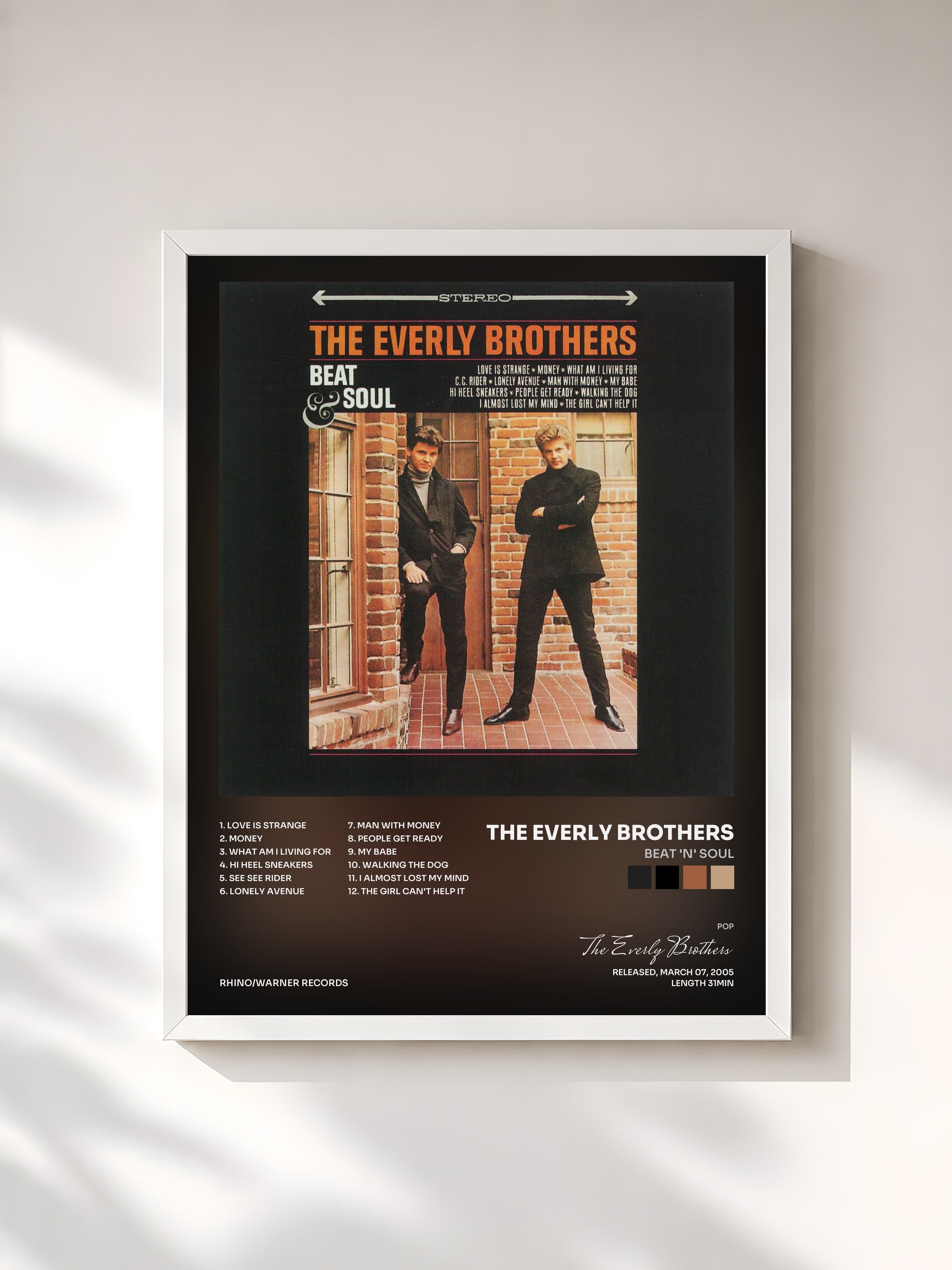 #blanc Tableau de l'album Beat 'n' Soul de The Everly Brothers, cadre blanc, imprimé et encadré en France