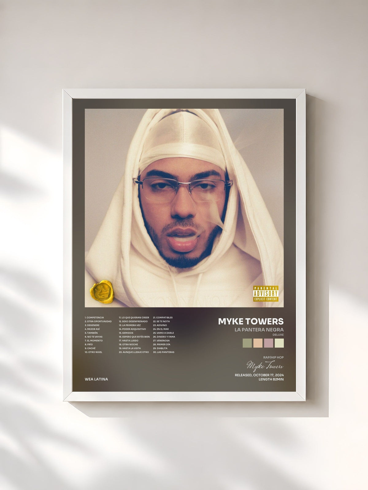 #blanc LA PANTERA NEGRA (DELUXE) by Myke Towers as a framed art print, white frame, printed and framed in France