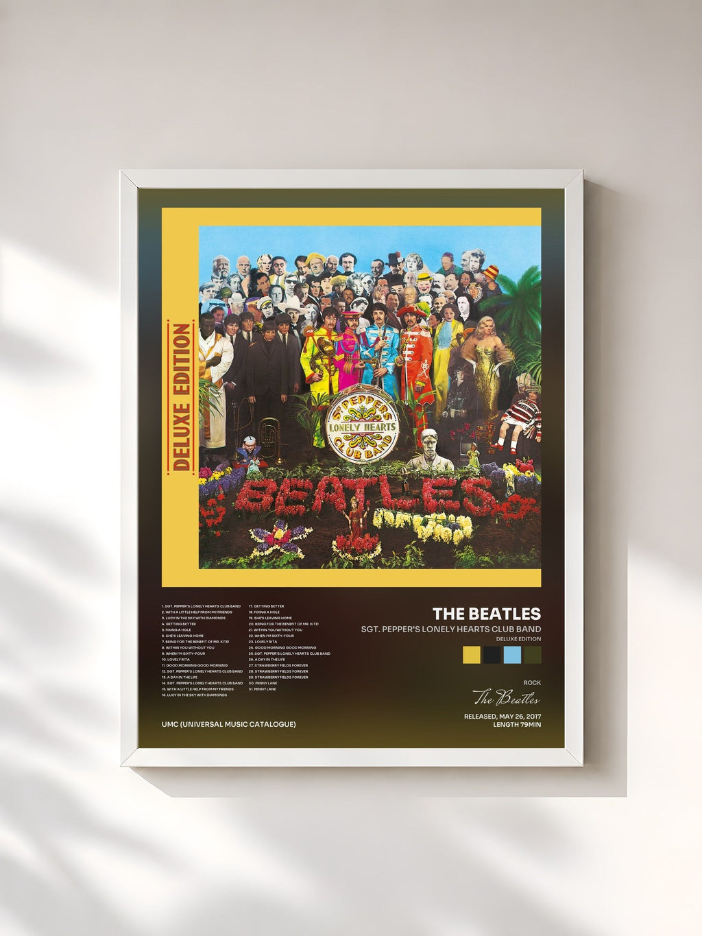#blanc Sgt. Pepper's Lonely Hearts Club Band (Deluxe Edition) by The Beatles as a framed art print, white frame, printed and framed in France