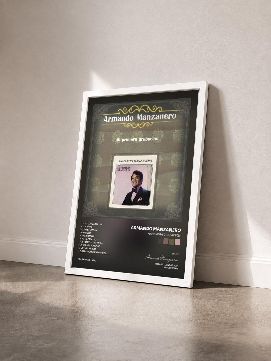 #blanc Tableau de l'album Mi Primera Grabación de Armando Manzanero vu de trois quarts, cadre blanc