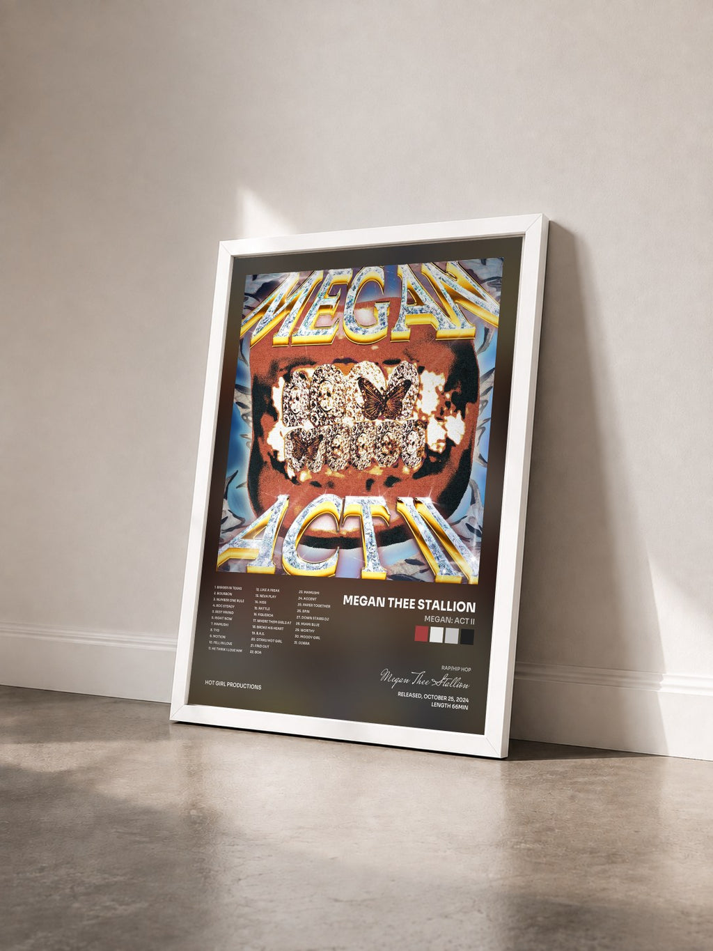 #blanc Tableau de l'album MEGAN: ACT II de Megan Thee Stallion vu de trois quarts, cadre blanc