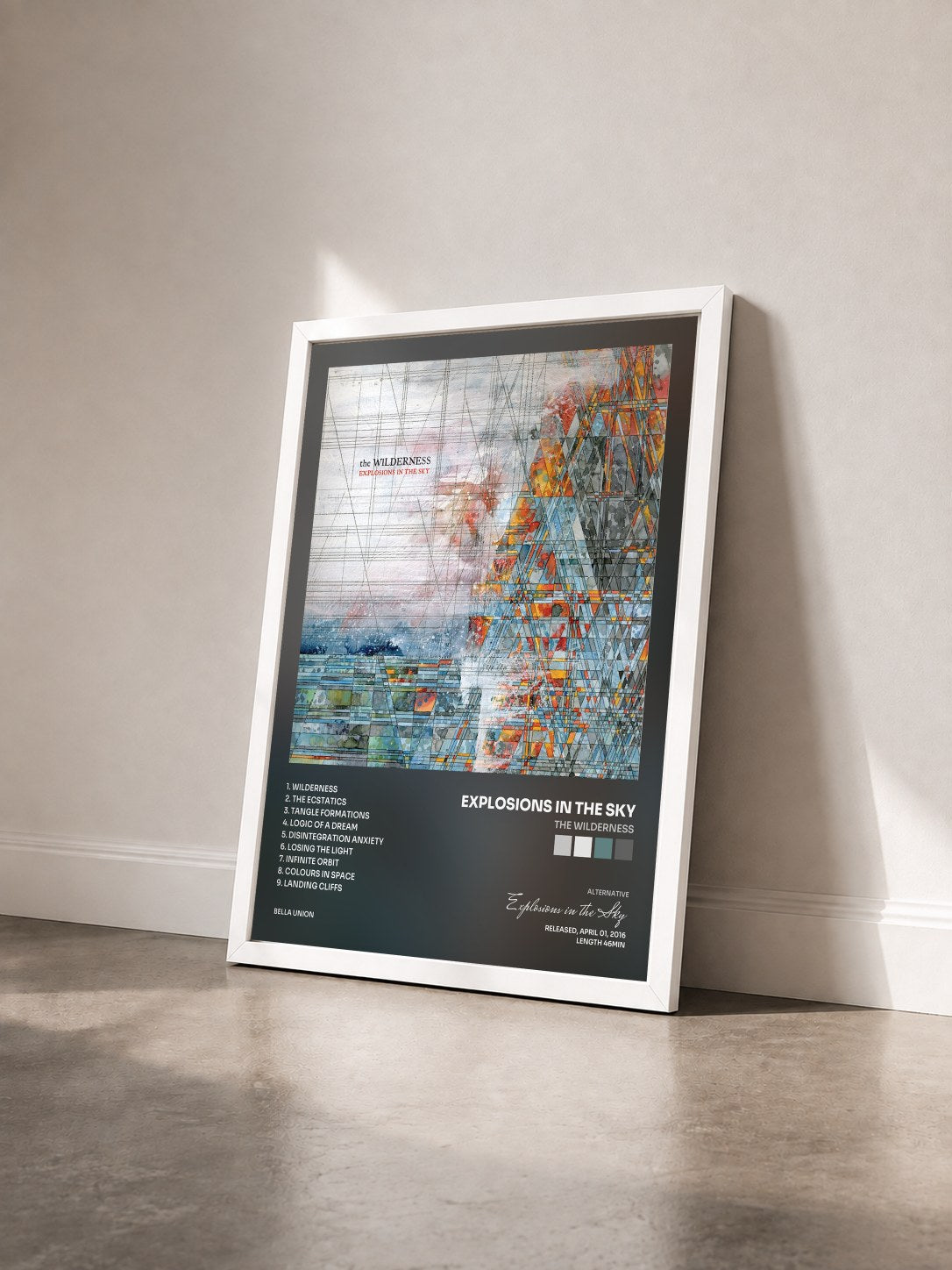 #blanc Tableau de l'album The Wilderness de Explosions in the Sky vu de trois quarts, cadre blanc