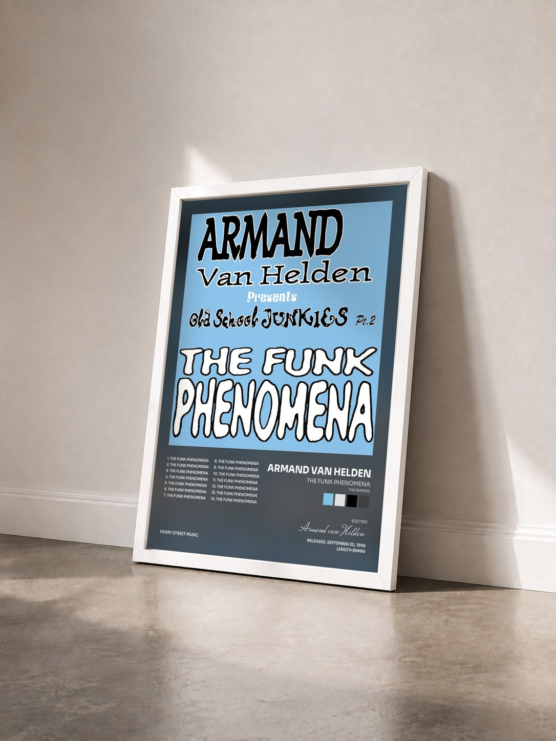 #blanc Tableau de l'album The Funk Phenomena (The Remixes) de Armand van Helden vu de trois quarts, cadre blanc