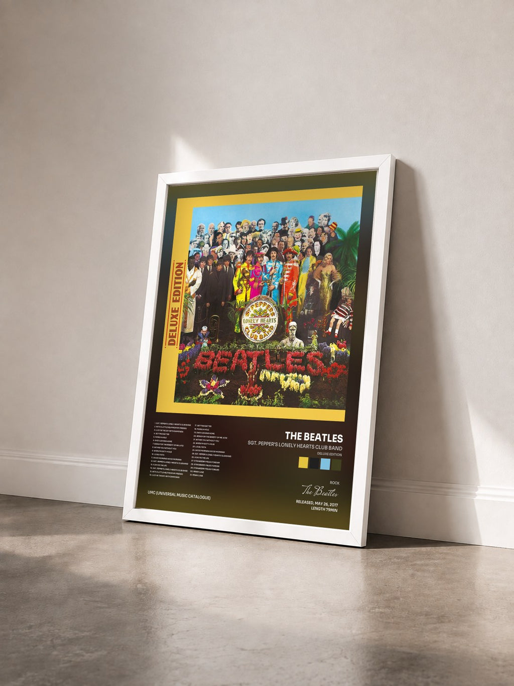 #blanc Sgt. Pepper's Lonely Hearts Club Band (Deluxe Edition) by The Beatles as a framed art print seen at an angle, white frame