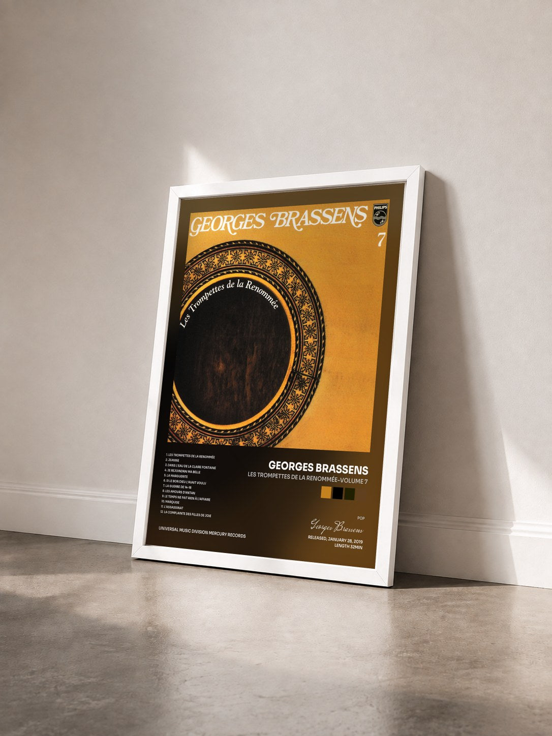 #blanc Tableau de l'album Les Trompettes De La Renommée-Volume 7 de Georges Brassens vu de trois quarts, cadre blanc