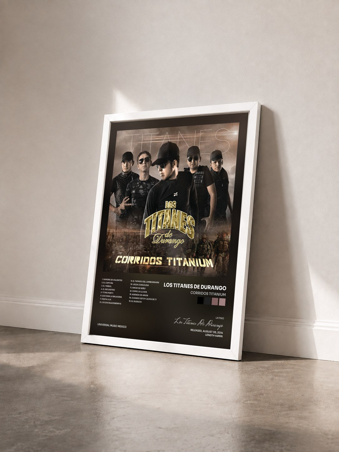 #blanc Tableau de l'album Corridos Titanium de Los Titanes De Durango vu de trois quarts, cadre blanc