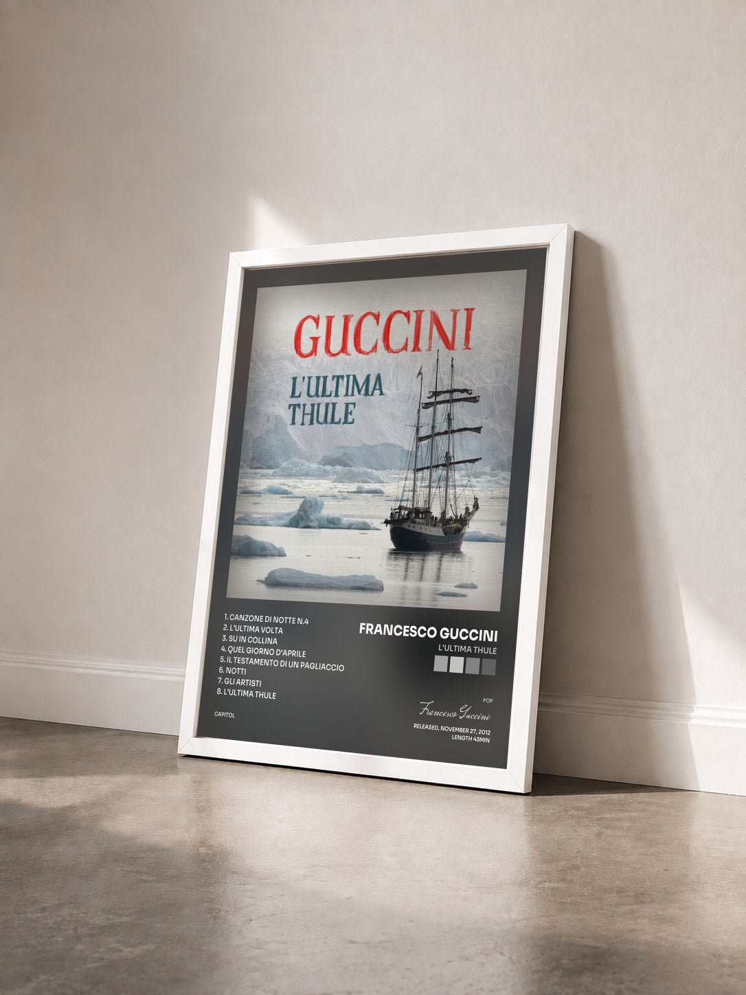 #blanc Tableau de l'album L'Ultima Thule de Francesco Guccini vu de trois quarts, cadre blanc