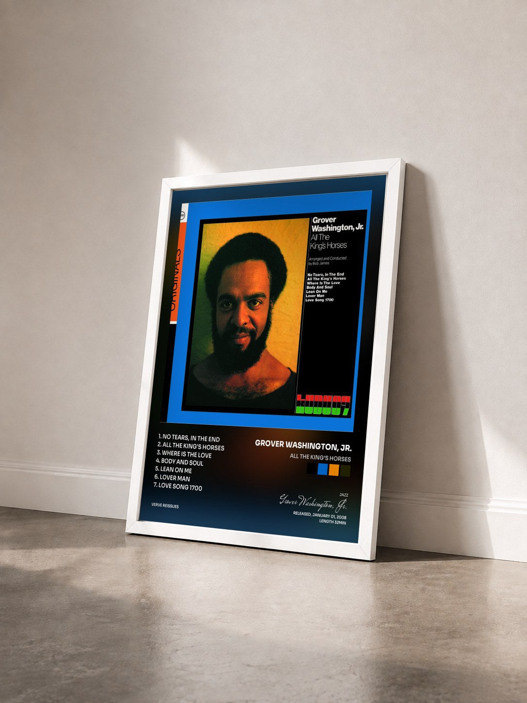 #blanc Tableau de l'album All The King's Horses de Grover Washington, Jr. vu de trois quarts, cadre blanc