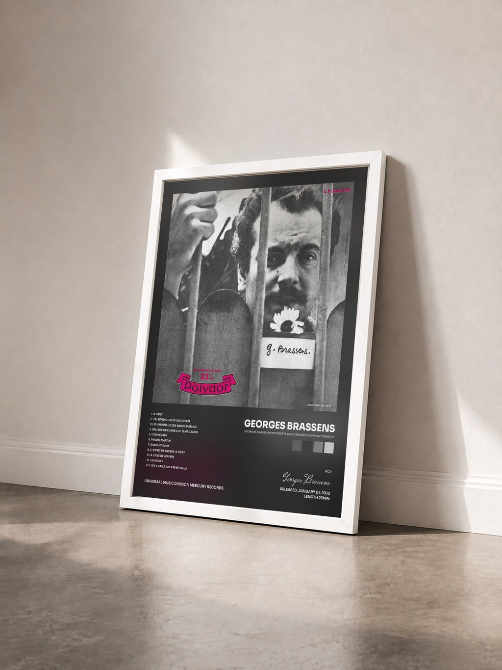 #blanc Tableau de l'album Georges Brassens interprète ses dernières compositions N°2 de Georges Brassens vu de trois quarts, cadre blanc