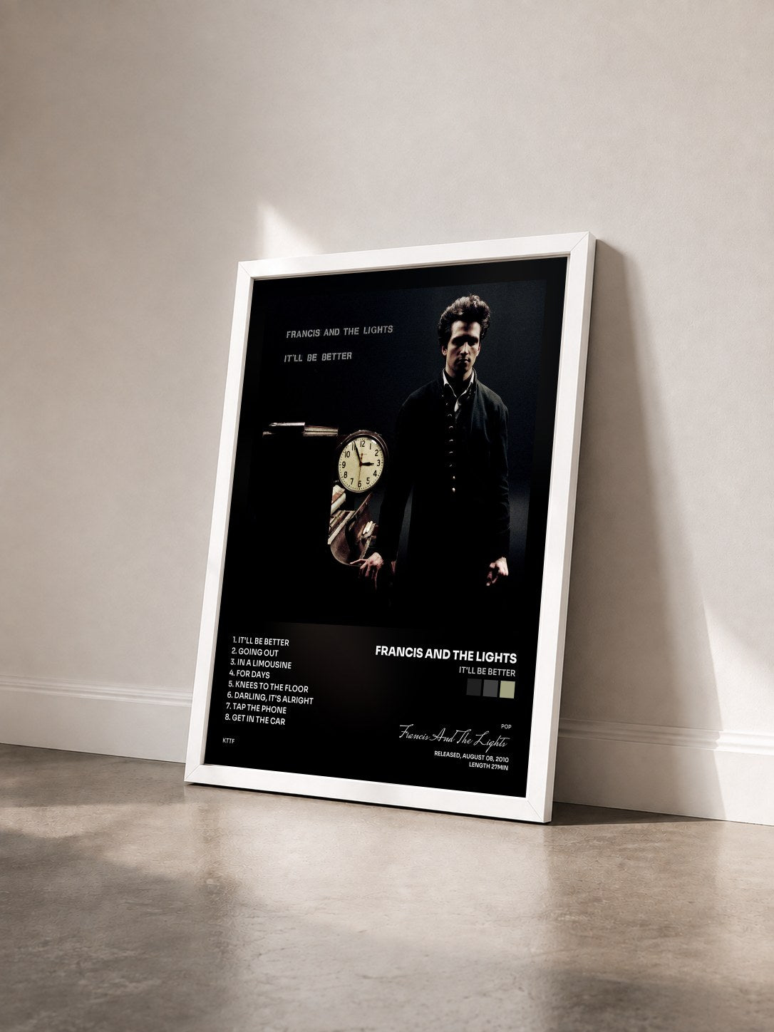 #blanc Tableau de l'album It'll Be Better de Francis And The Lights vu de trois quarts, cadre blanc