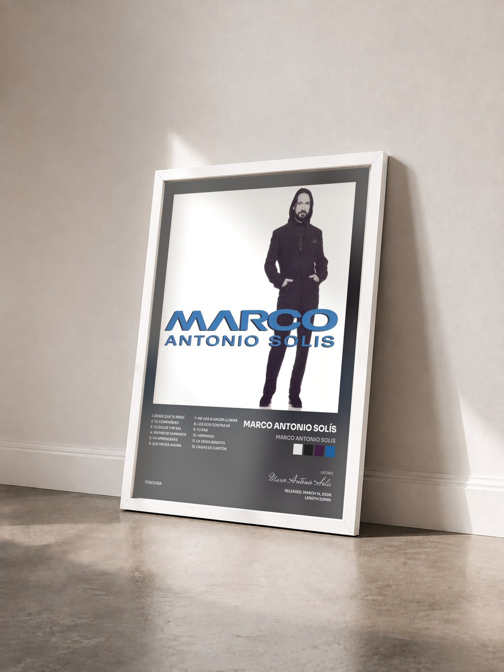 #blanc Marco Antonio Solis by Marco Antonio Solís as a framed art print seen at an angle, white frame