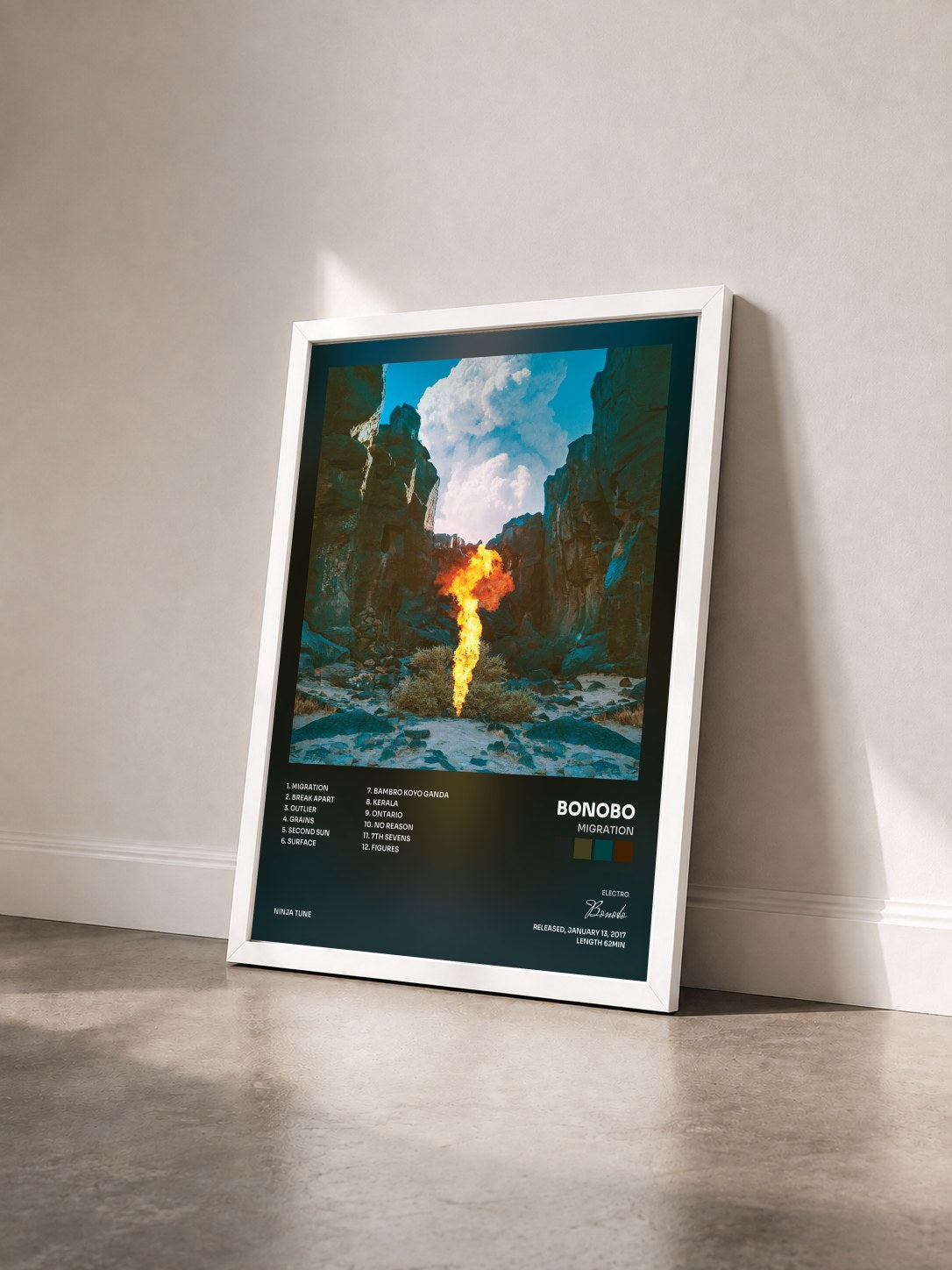 #blanc Tableau de l'album Migration de Bonobo vu de trois quarts, cadre blanc