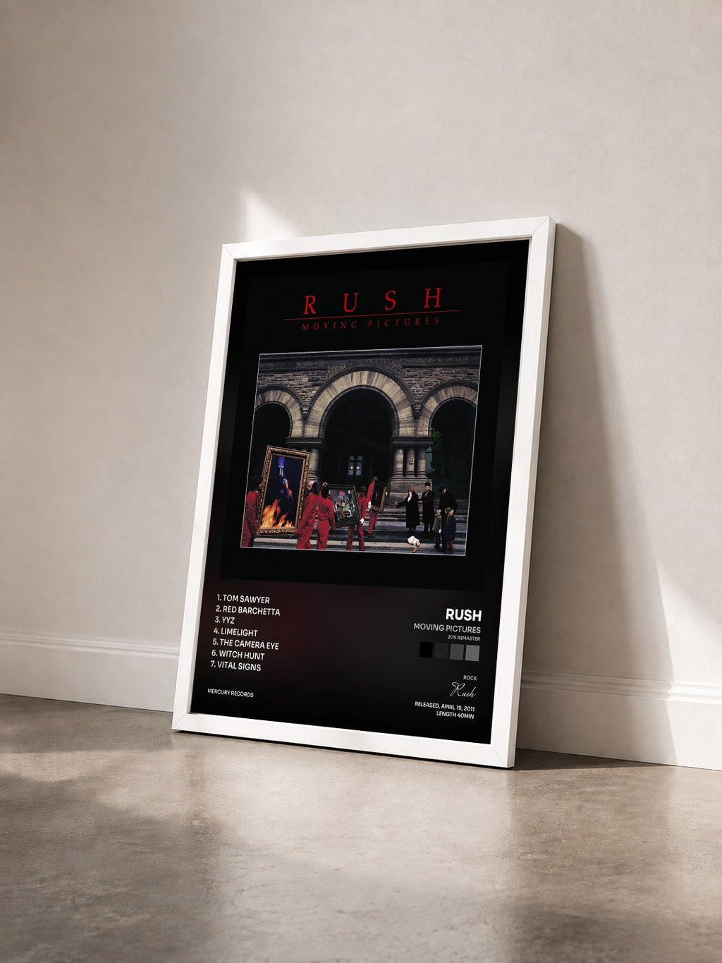 #blanc Tableau de l'album Moving Pictures (2011 Remaster) de Rush vu de trois quarts, cadre blanc