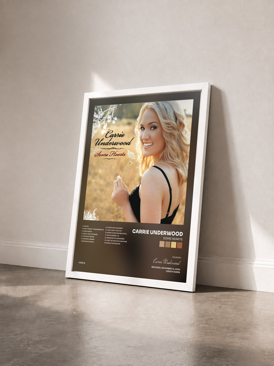 #blanc Tableau de l'album Some Hearts de Carrie Underwood vu de trois quarts, cadre blanc
