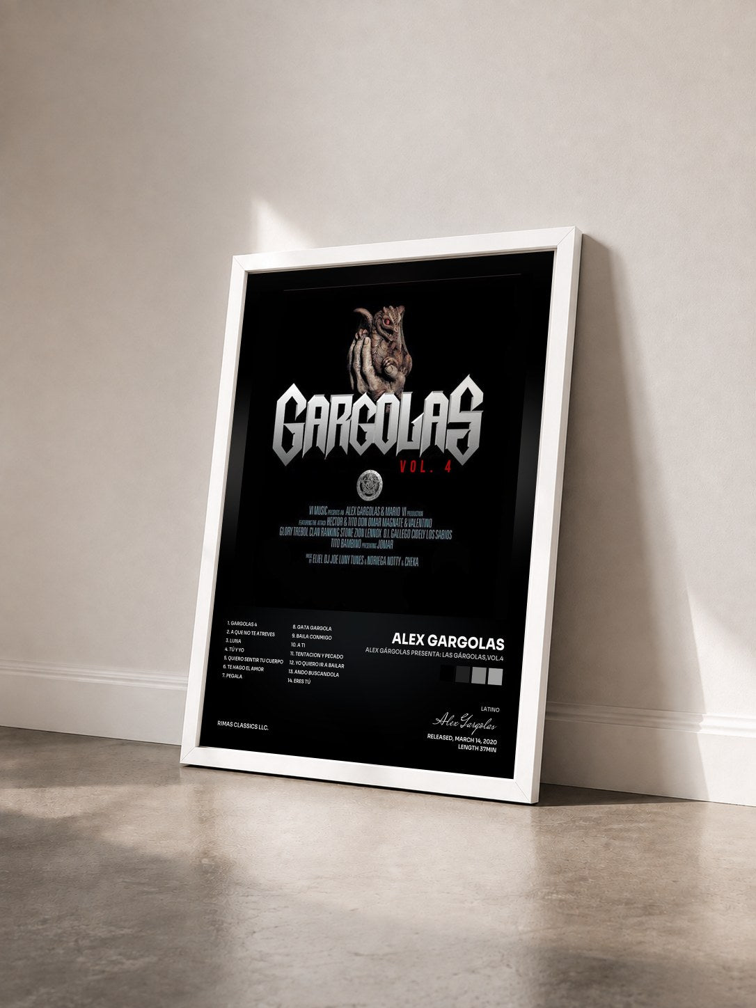 #blanc Tableau de l'album Alex Gárgolas Presenta: Las Gárgolas,Vol.4 de Alex Gargolas vu de trois quarts, cadre blanc
