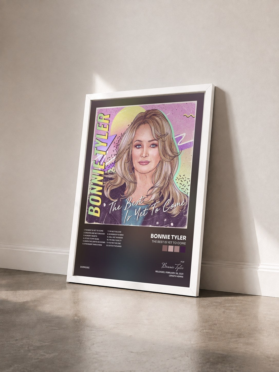 #blanc Tableau de l'album The Best Is yet to Come de Bonnie Tyler vu de trois quarts, cadre blanc