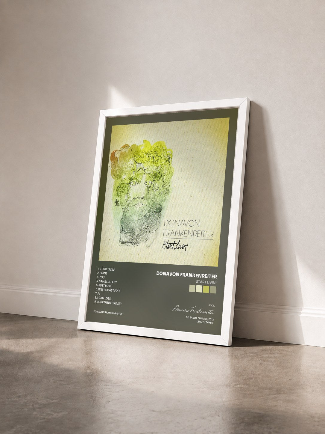 #blanc Tableau de l'album Start Livin' de Donavon Frankenreiter vu de trois quarts, cadre blanc