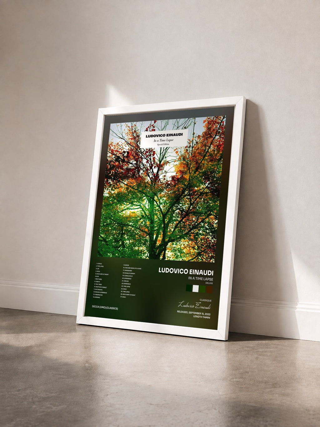 #blanc In A Time Lapse (Deluxe) by Ludovico Einaudi as a framed art print seen at an angle, white frame