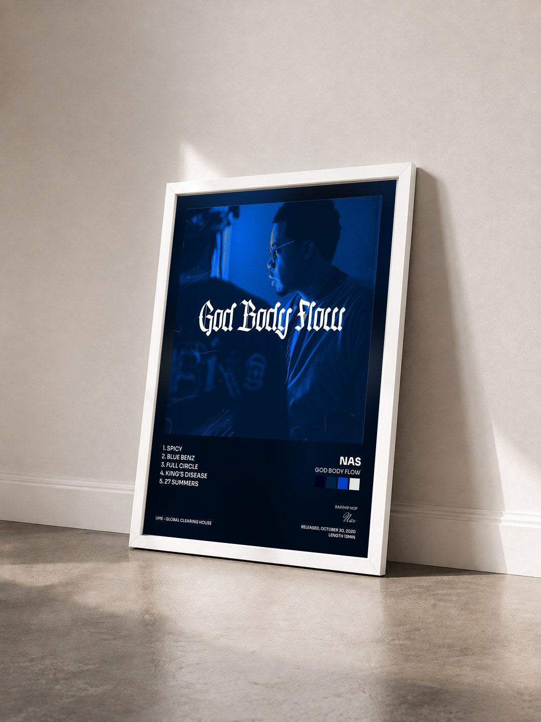 #blanc Tableau de l'album God Body Flow de Nas vu de trois quarts, cadre blanc