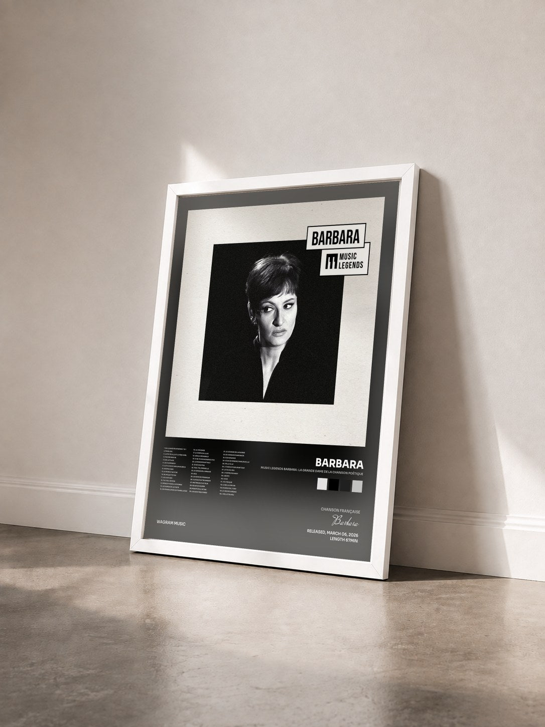 #blanc Tableau de l'album Music Legends Barbara : La Grande Dame de la Chanson Poétique de Barbara vu de trois quarts, cadre blanc