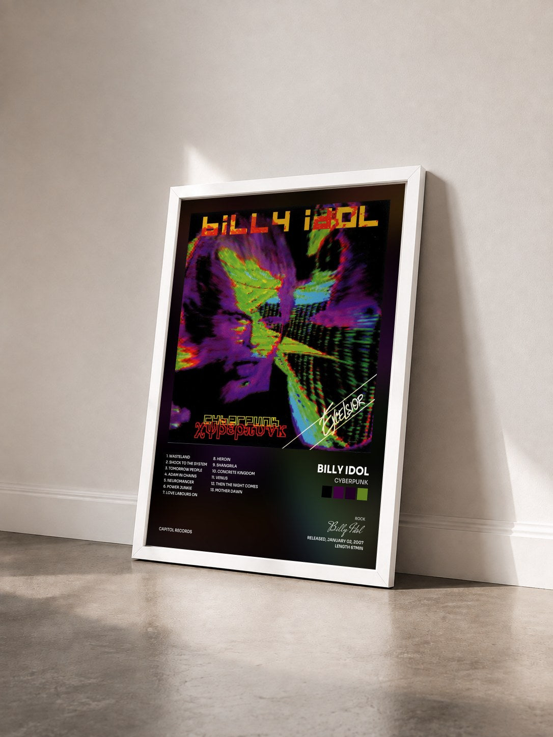 #blanc Tableau de l'album Cyberpunk de Billy Idol vu de trois quarts, cadre blanc