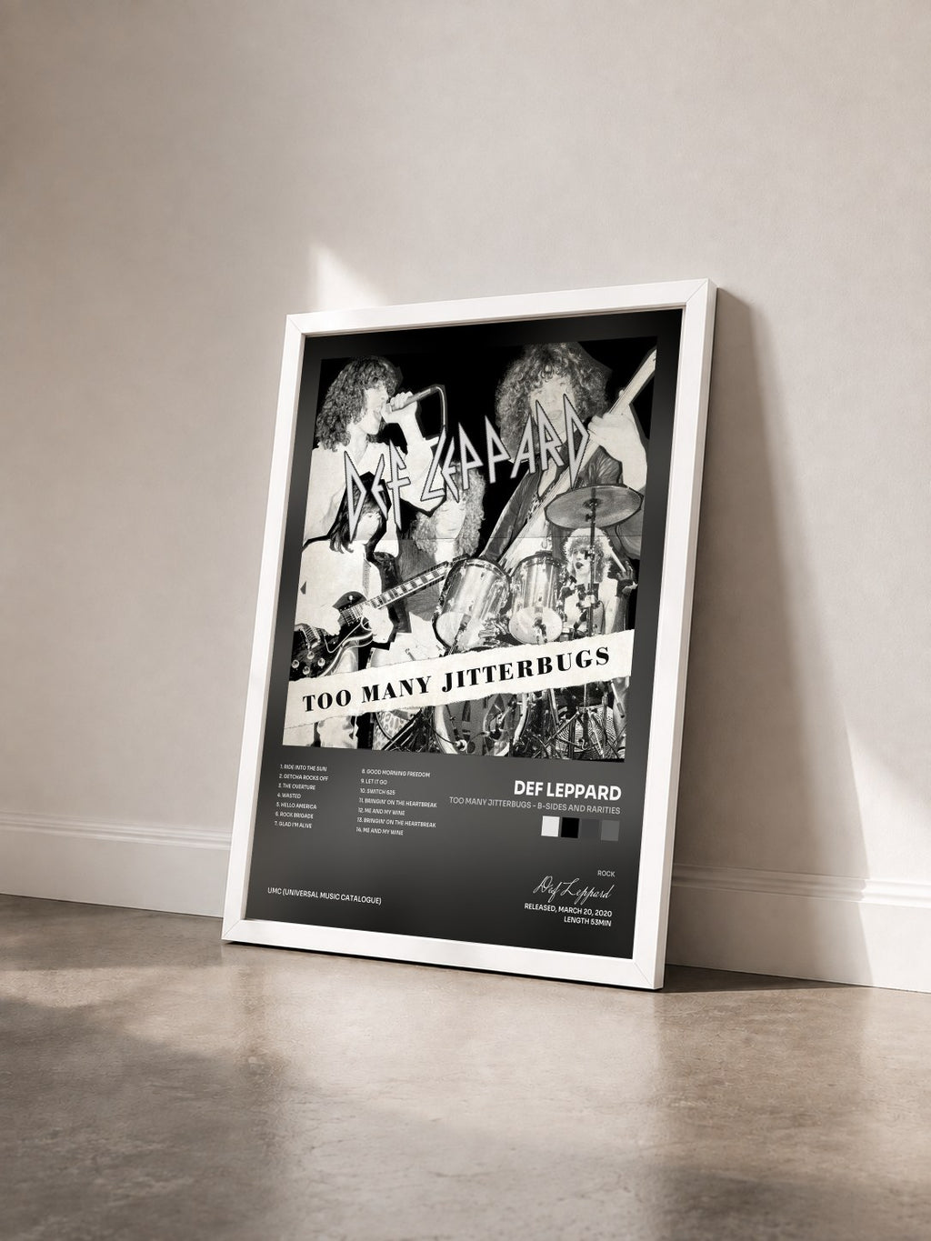 #blanc Tableau de l'album Too Many Jitterbugs - B-Sides and Rarities de Def Leppard vu de trois quarts, cadre blanc