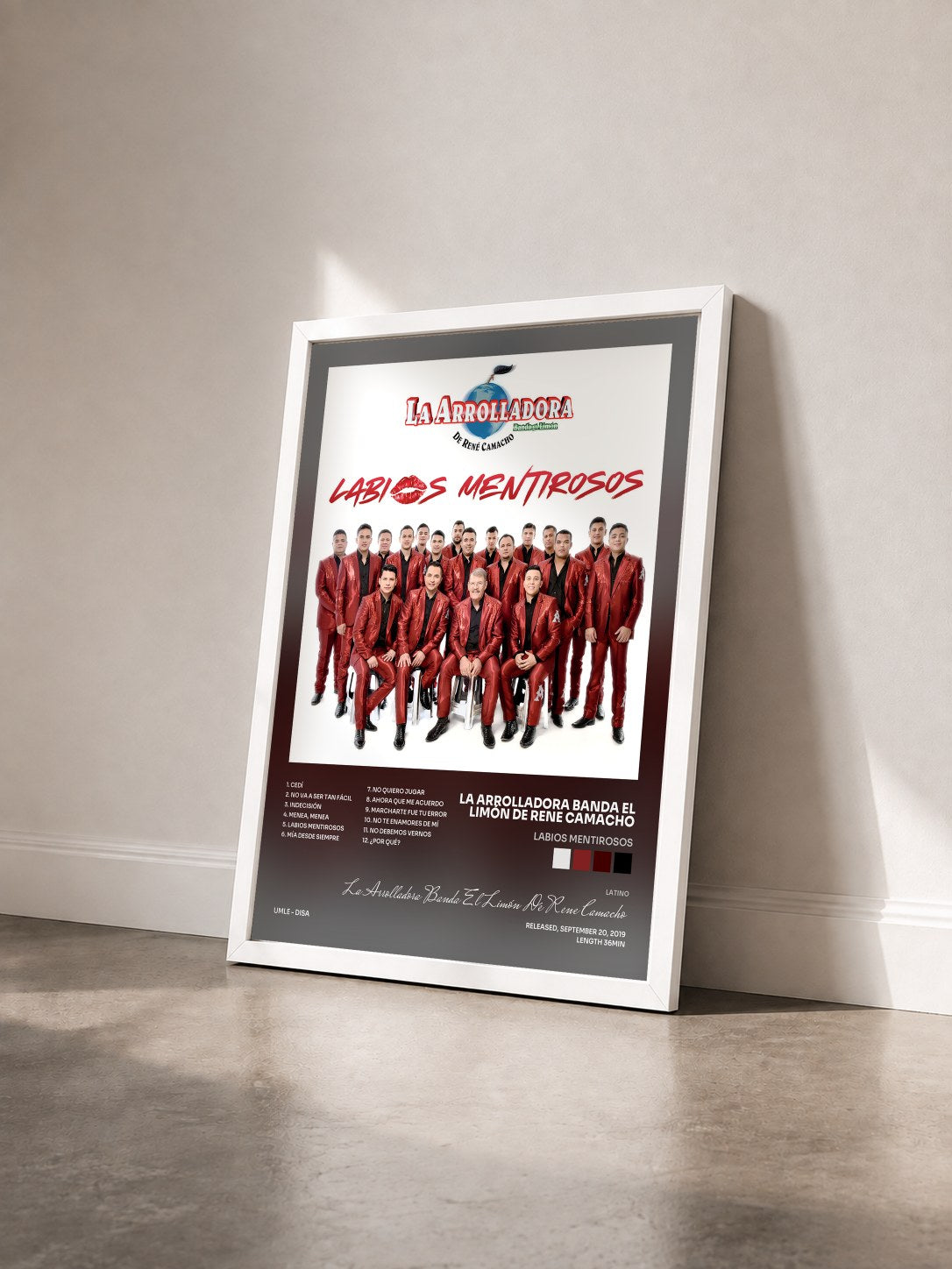 #blanc Tableau de l'album Labios Mentirosos de La Arrolladora Banda El Limón De Rene Camacho vu de trois quarts, cadre blanc