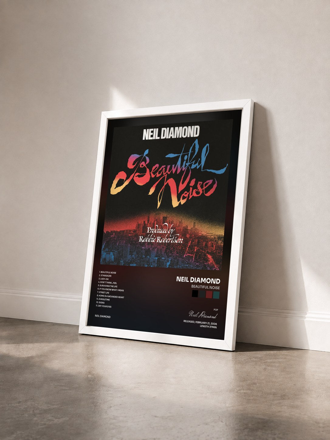 #blanc Beautiful Noise von Neil Diamond als gerahmter Kunstdruck von schräg gesehen, weißer Rahmen