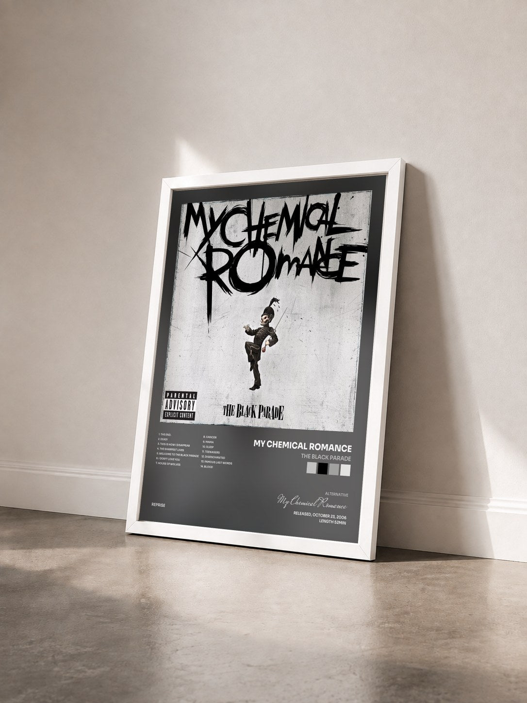 #blanc Tableau de l'album The Black Parade de My Chemical Romance vu de trois quarts, cadre blanc